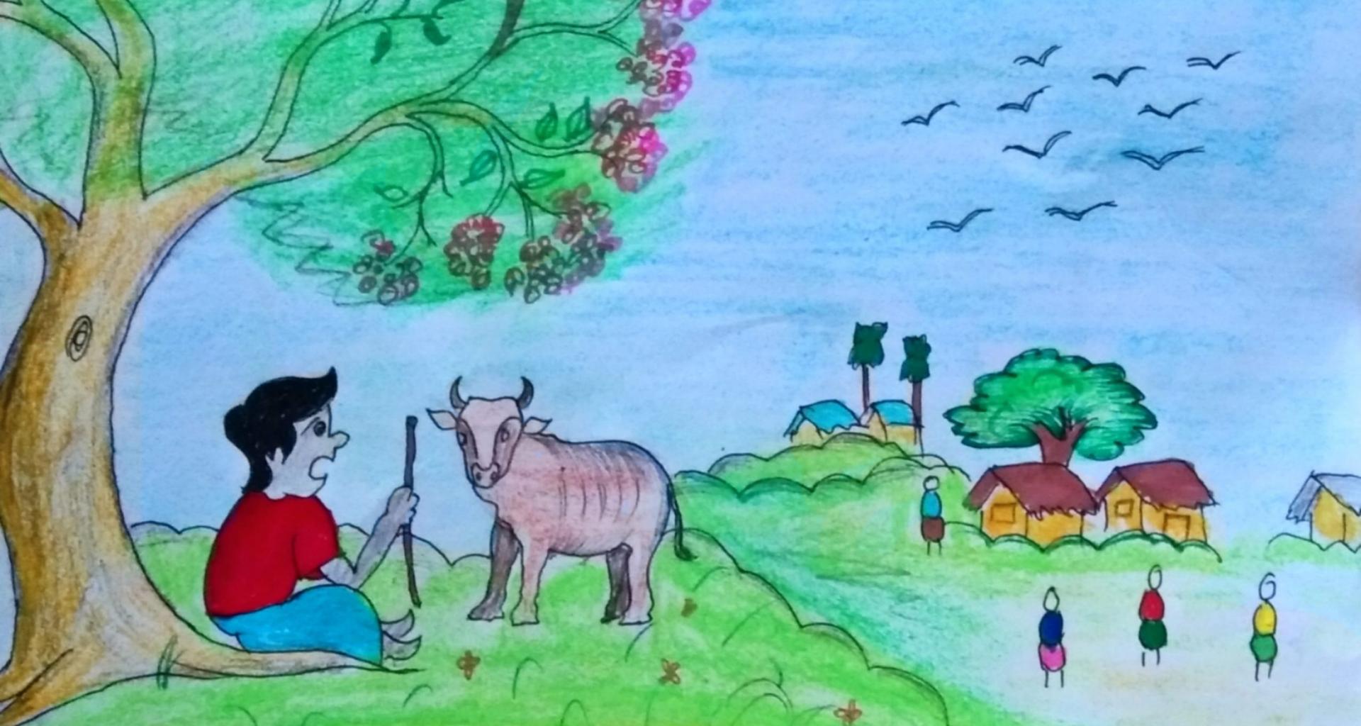 A drawing of a village scene with a person wearing a red shirt and a pig. 