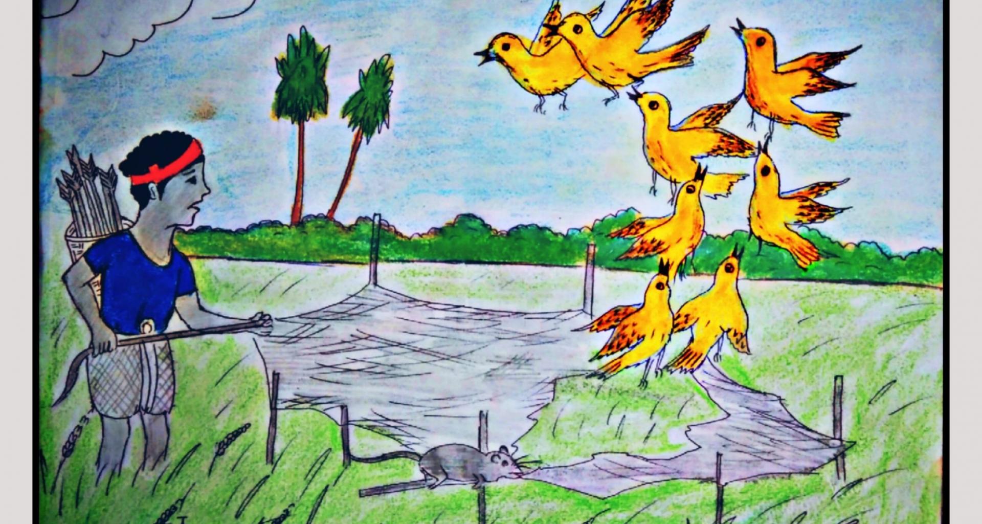 A drawing of a man and a group of yellow birds. 