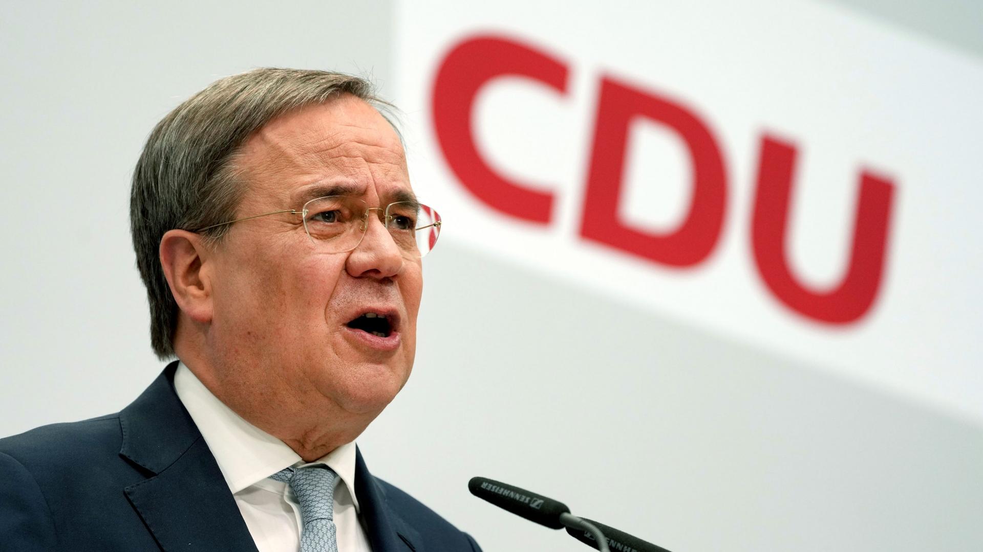 Armin Laschet, chairman of the German Christian Democratic Union, CDU, addresses the media during a press conference at the party's headquarters in Berlin, Germany, Monday, May 17, 2021. 