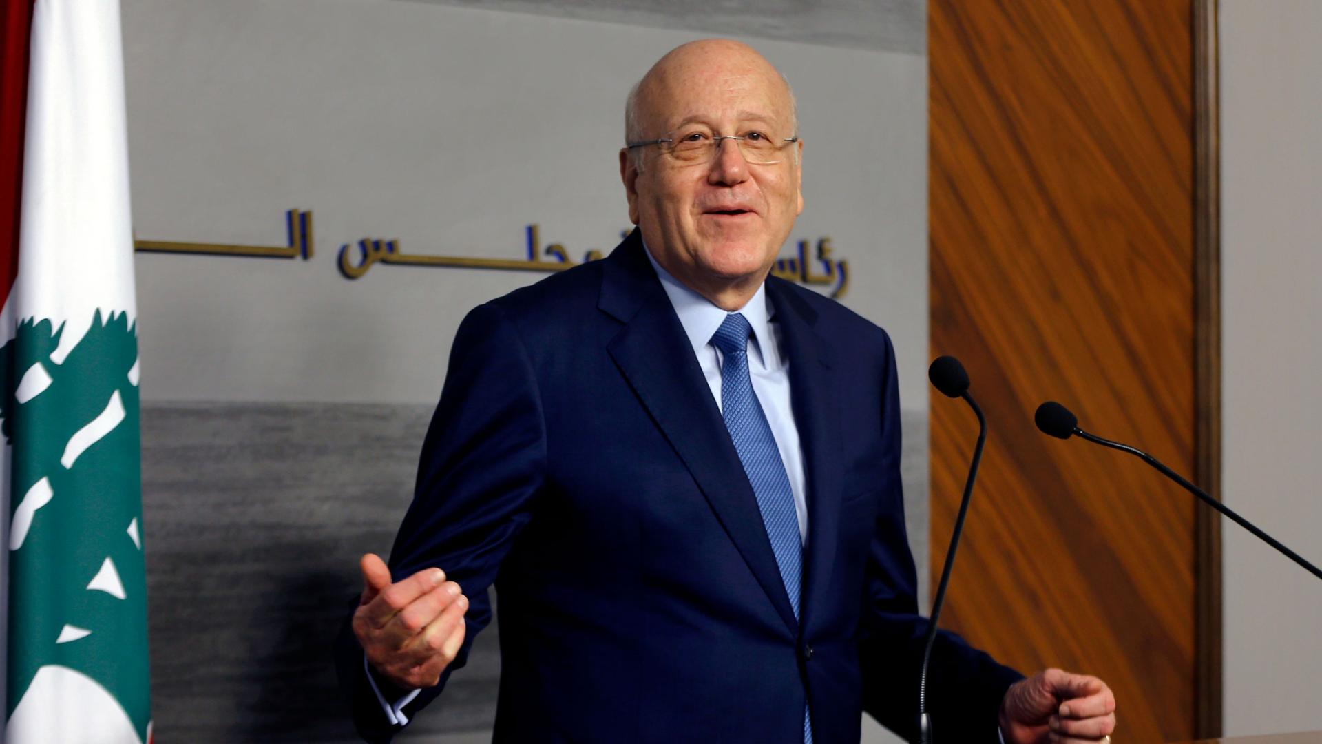 Lebanese Prime Minister Najib Mikati speaks during a joint press conference with his Jordanian counterpart Bisher Khasawneh, at the Government House in downtown Beirut, Lebanon, Thursday, Sept. 30, 2021. 