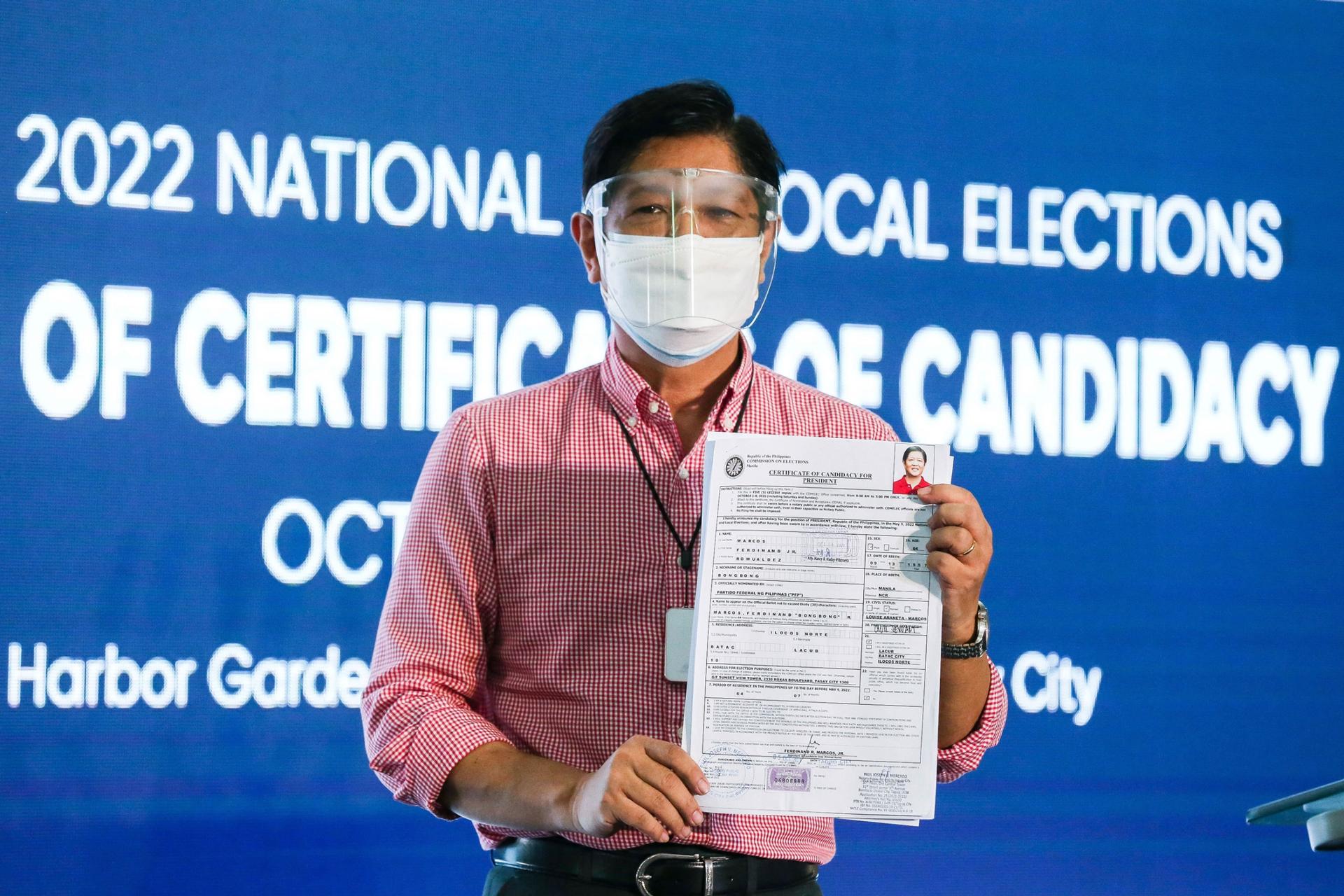  Former senator Ferdinand "Bongbong" Marcos Jr. poses after filing his certificate of candidacy for next year's presidential elections with the Commission on Elections at the Sofitel Harbor Garden Tent in Manila, Philippines Wednesday, Oct. 6, 2021. 