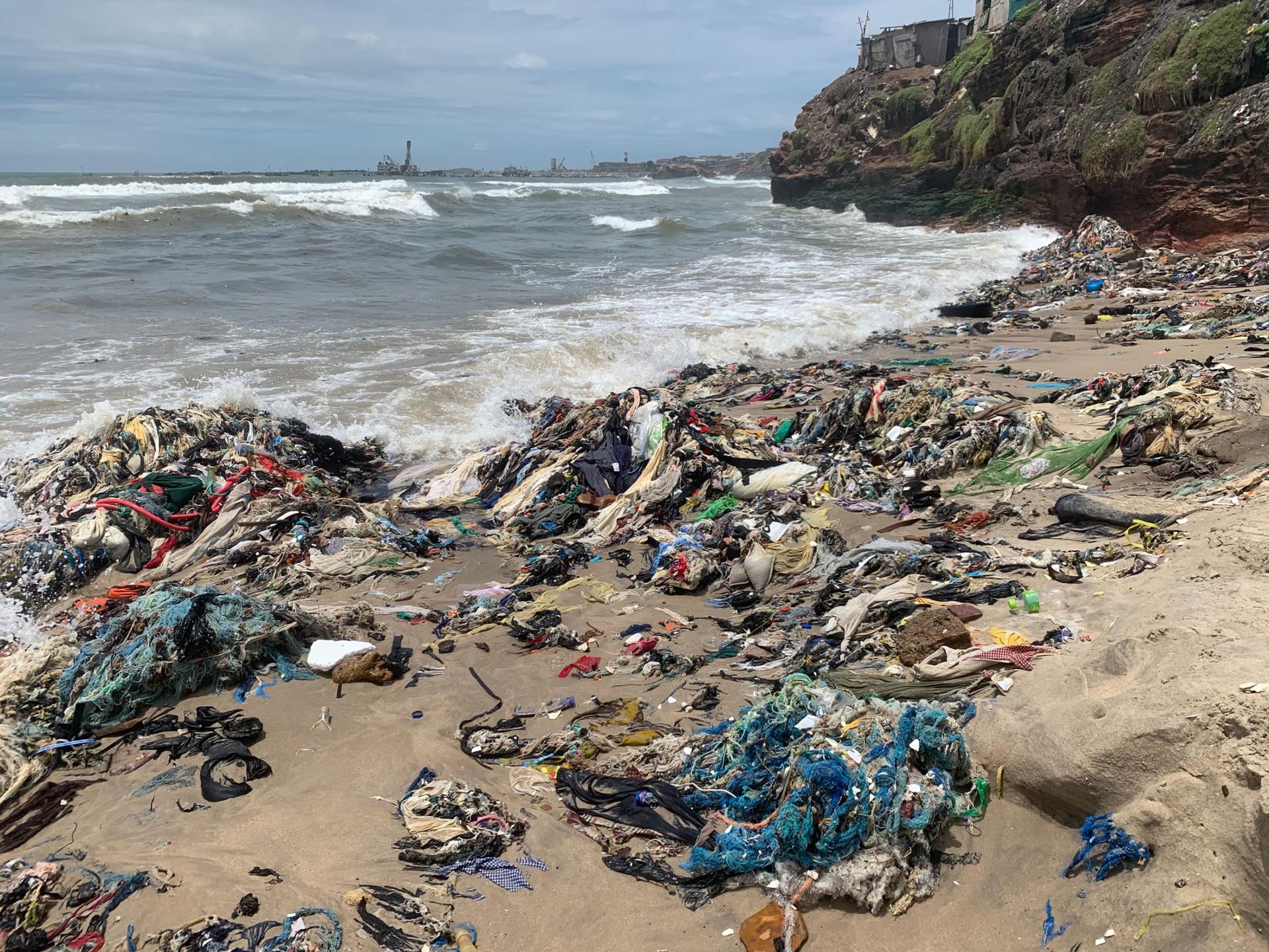 Clothing waste pollutes Ghana's coastline, hurting over 2 million people who depend on fishing livelihoods.