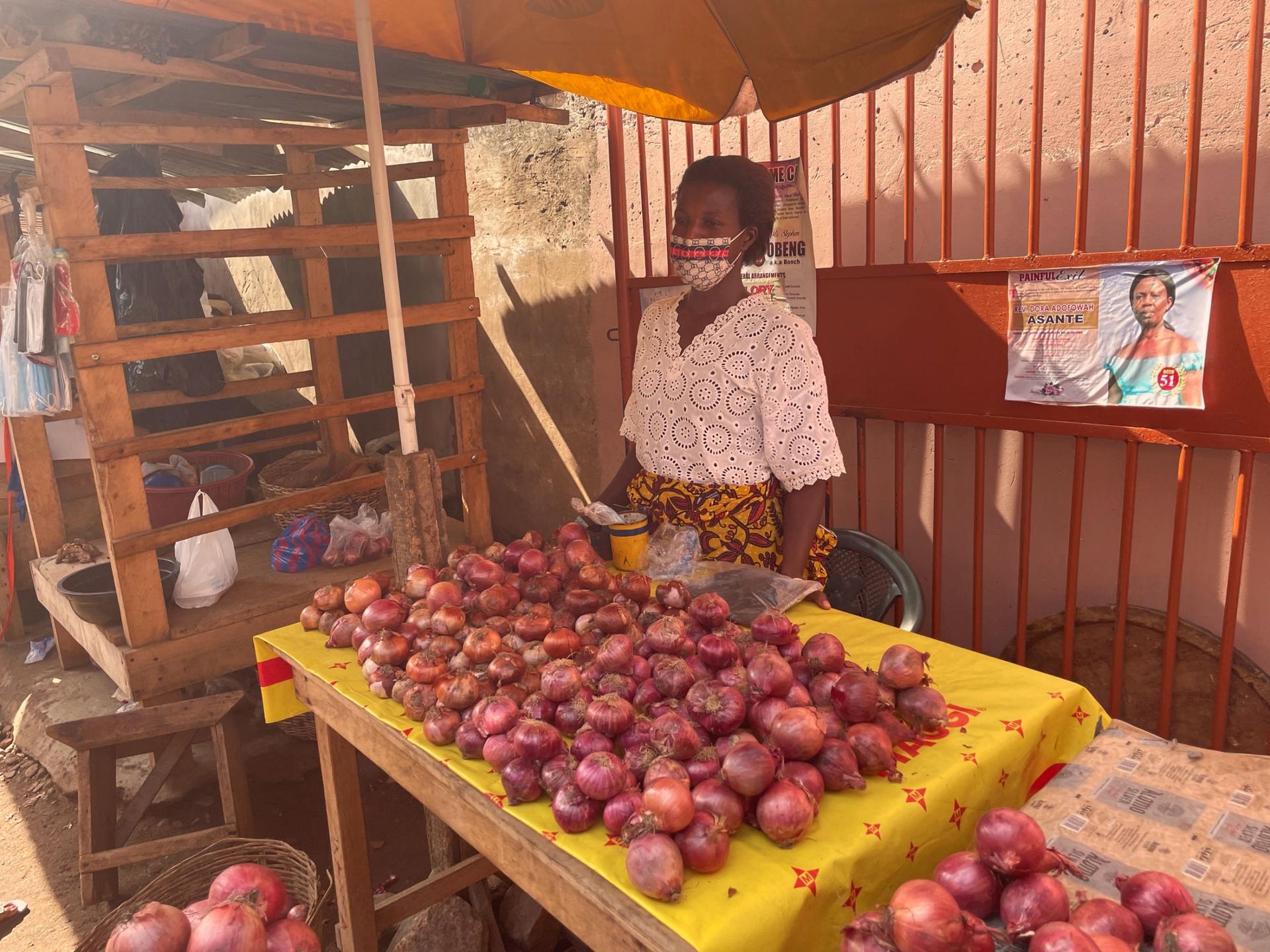 Adwoa Boadu fears changing weather could collapse her onion business.