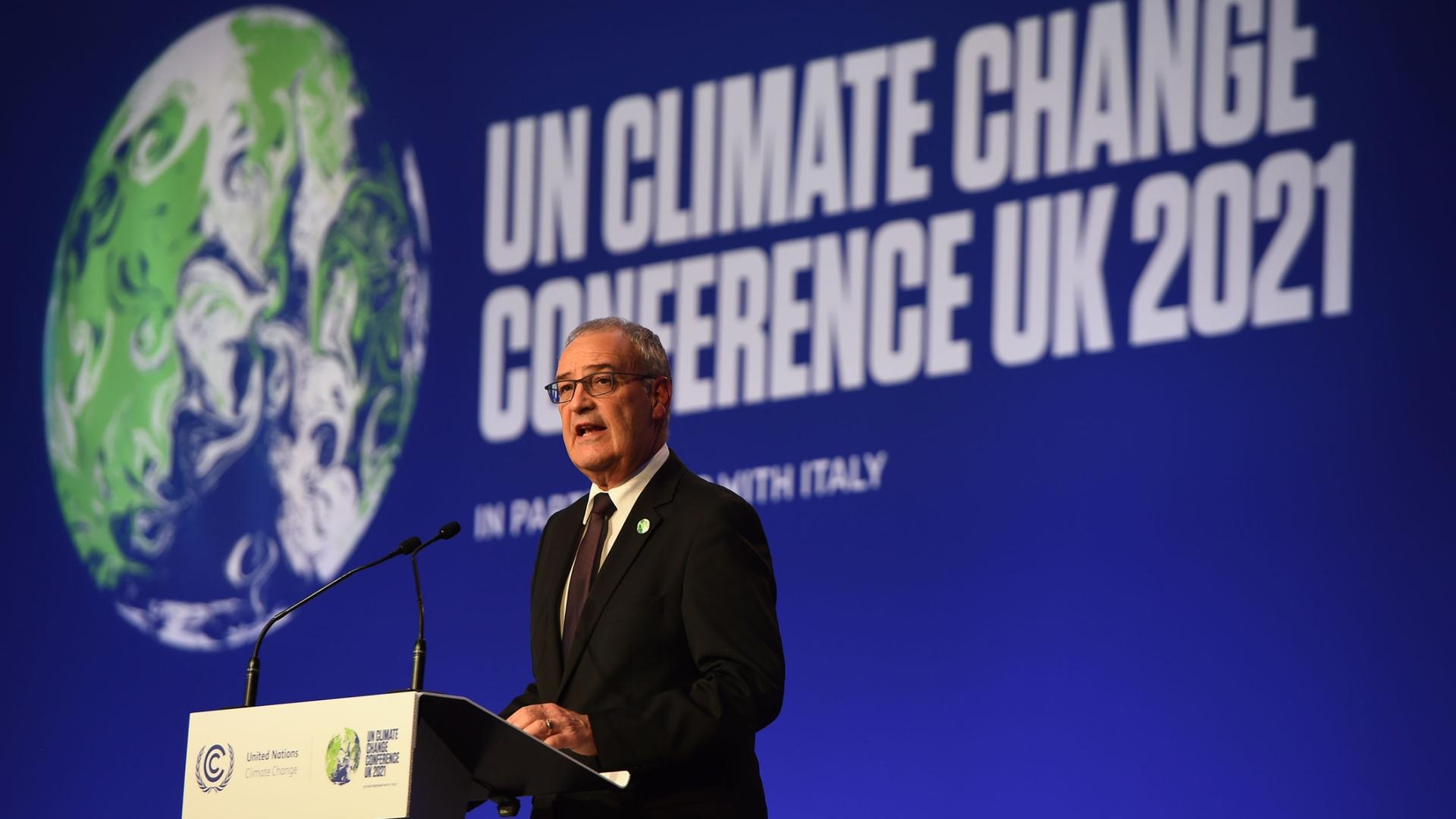 Switzerland's President Guy Parmelin speaks during the opening ceremony of the UN Climate Change Conference COP26 in Glasgow, Scotland, Monday Nov. 1, 2021. 