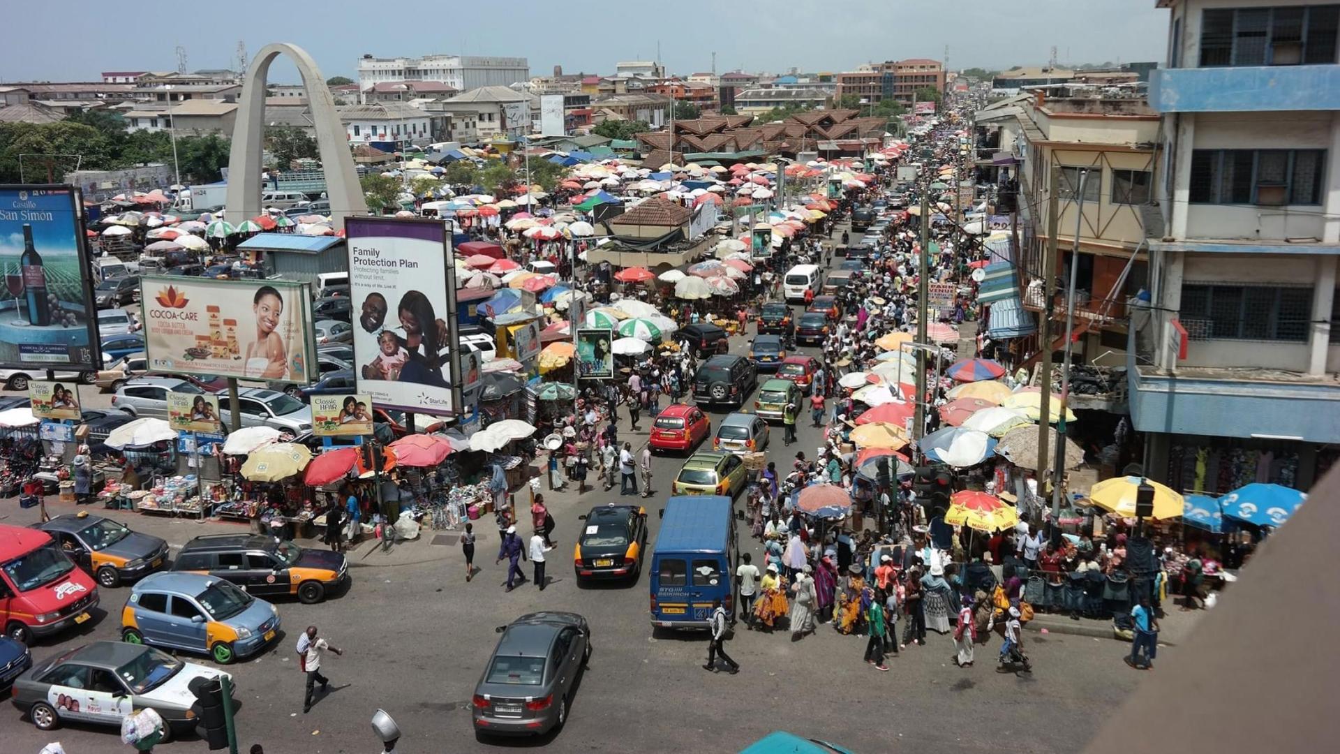 A bustling street scene in Ghana, where only 1 in 7 households has a toilet. 