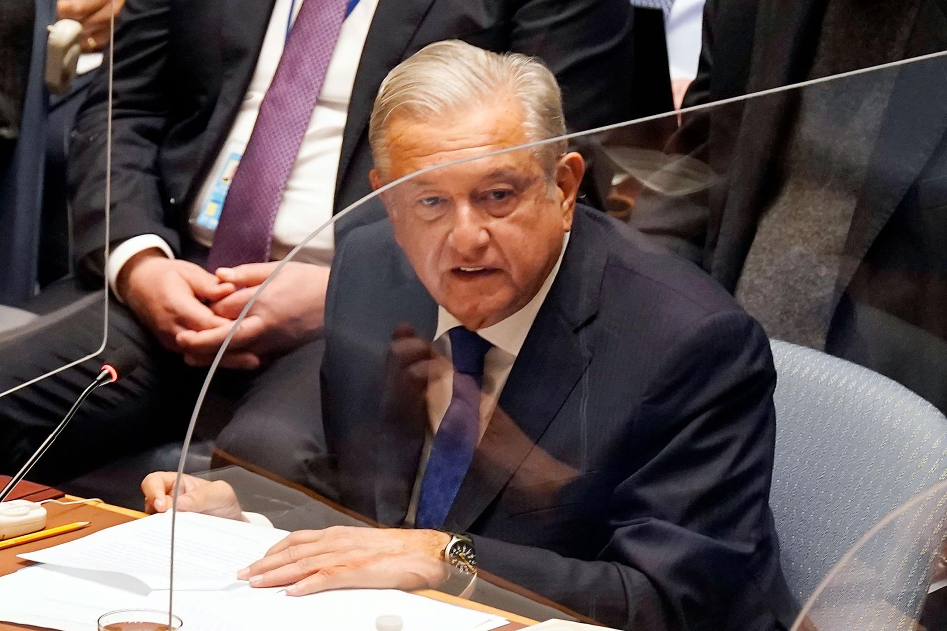 Mexico's President Andrés Manuel López Obrador addresses the United Nations Security Council, Tuesday, Nov. 9, 2021. 
