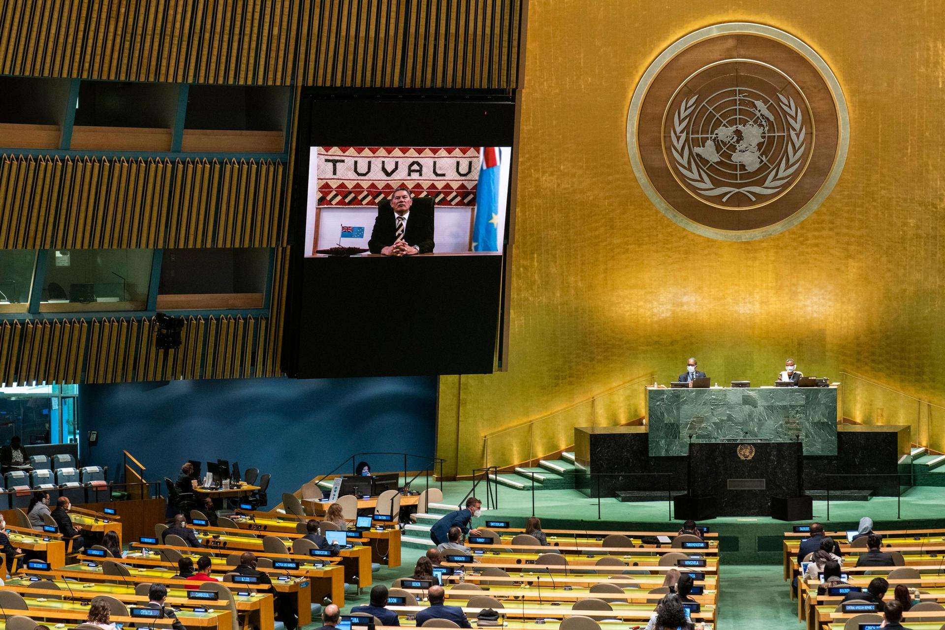Tuvalu's Prime Minister Kausea Natano remotely addresses the 76th Session of the UN General Assembly at United Nations headquarters in New York, on Saturday, Sept. 25, 2021. 