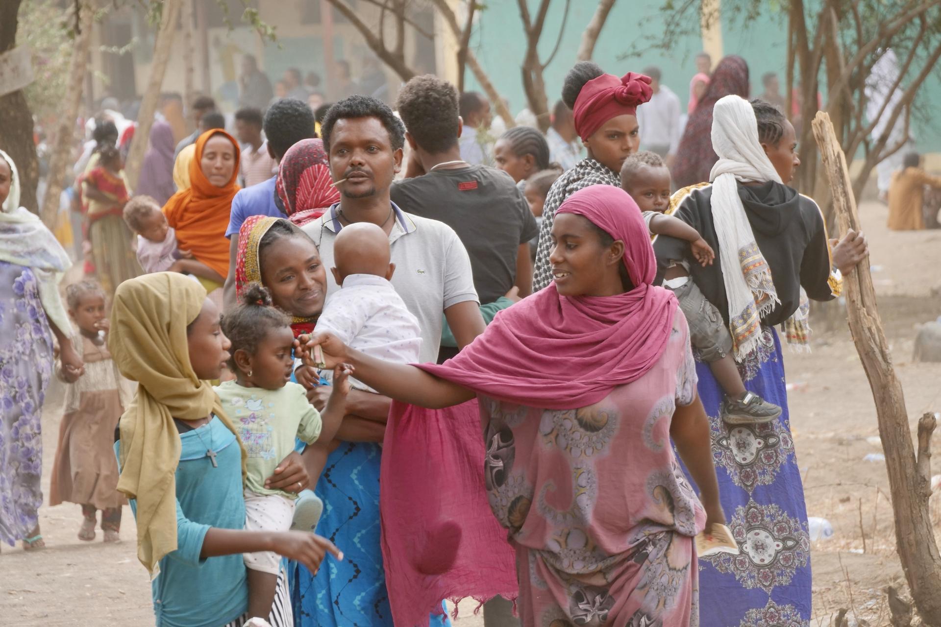 Internally displaced people at a school in Ethiopia's Kobo town, near the border with Tigray, Feb, 20, 2022.
