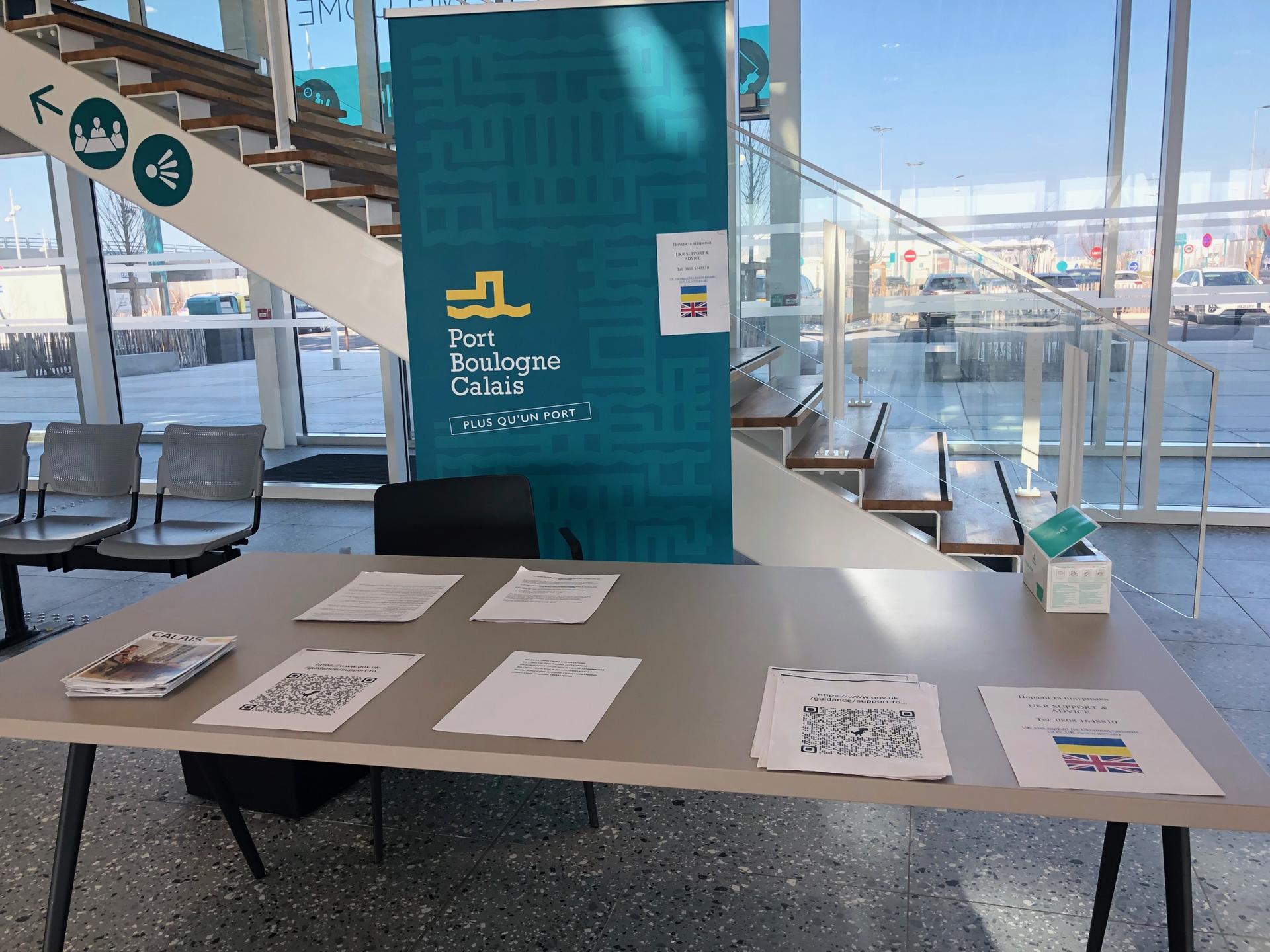 British Immigration Officers at the ferry terminal in Calais, France, have set up an information booth for Ukrainians looking to reach the UK.