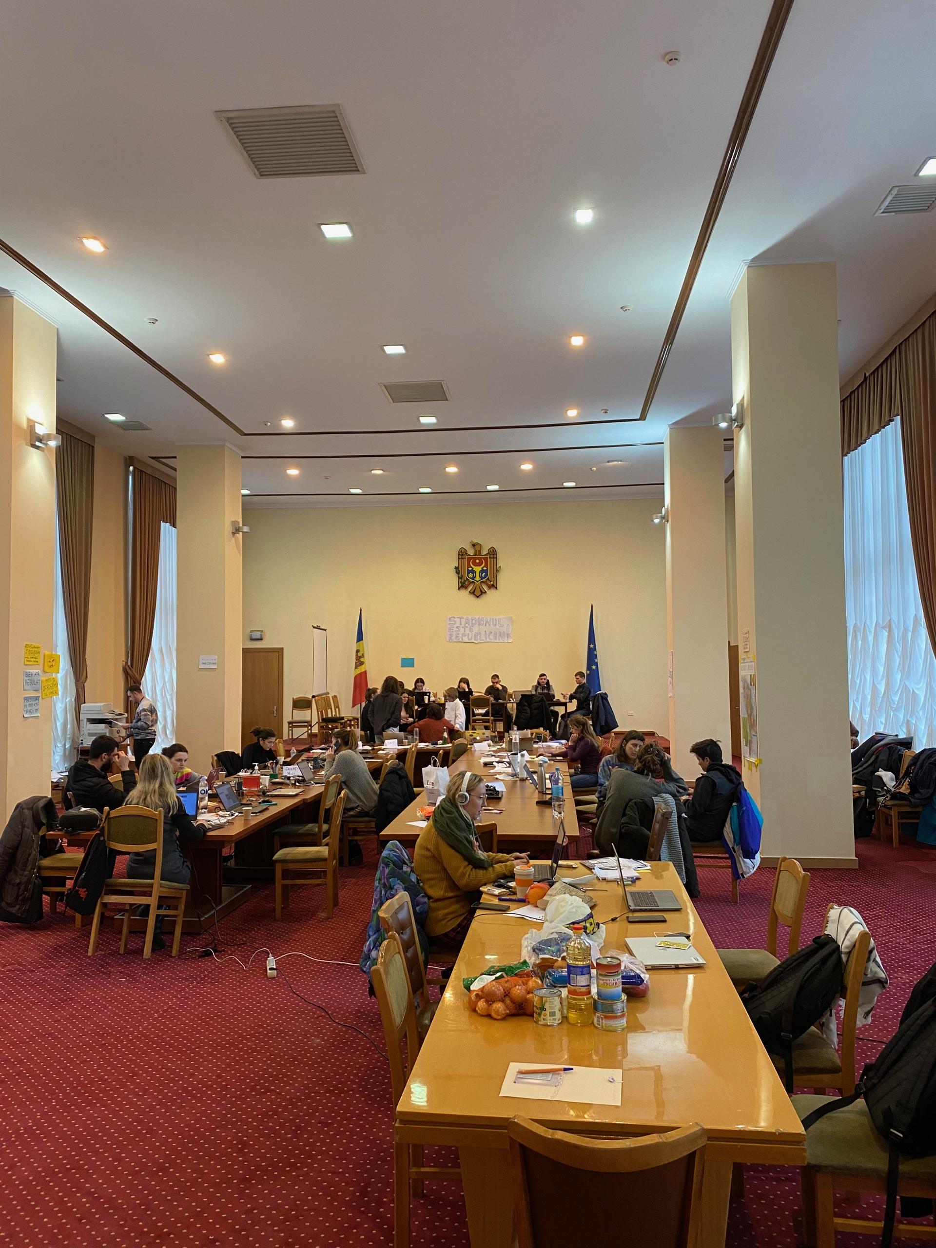 The headquarters for the co-ordination of volunteer efforts to support Ukrainian refugees at a governmental building in Chisinau