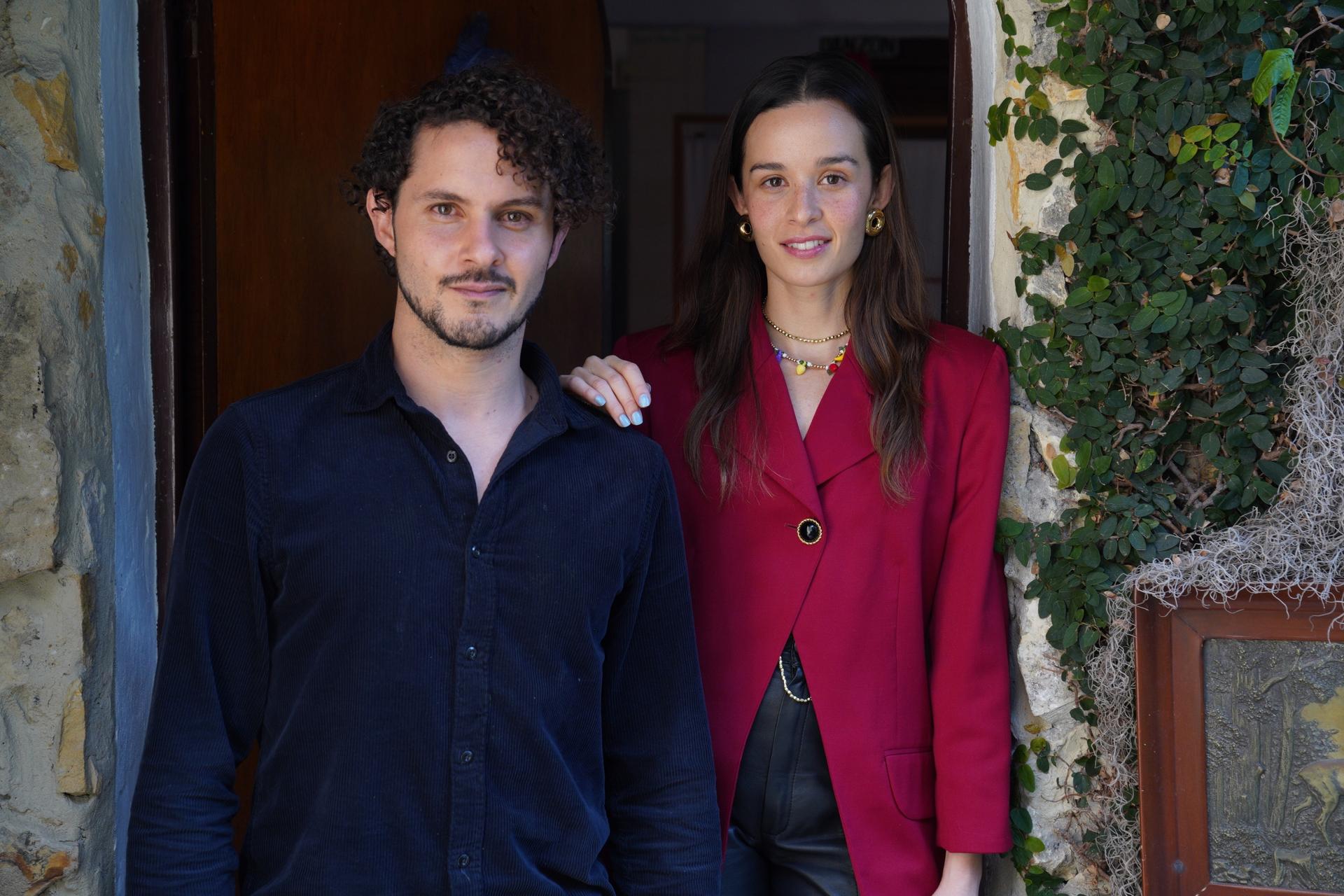 Monsieur Periné co-founders Catalina Garcia and Santiago Prieto pose for a photo outside the band's recording studio in Bogota, Colombia.