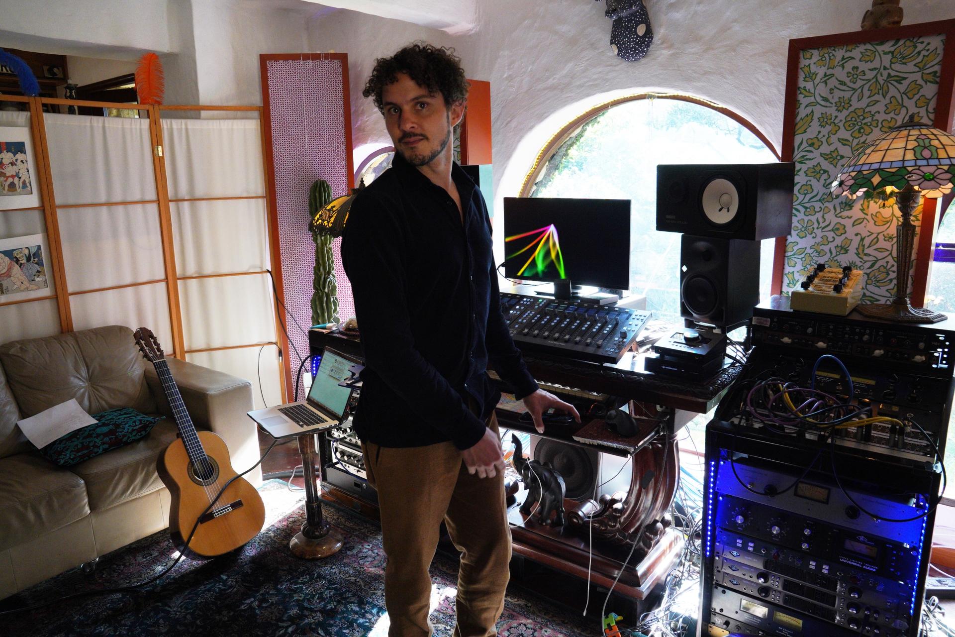 Monsieur Perine co-founder and guitarist Santiago Prieto works at the band's studio in Bogota, Colombia. It's located in a small house on the foothills of the Andes Mountains.