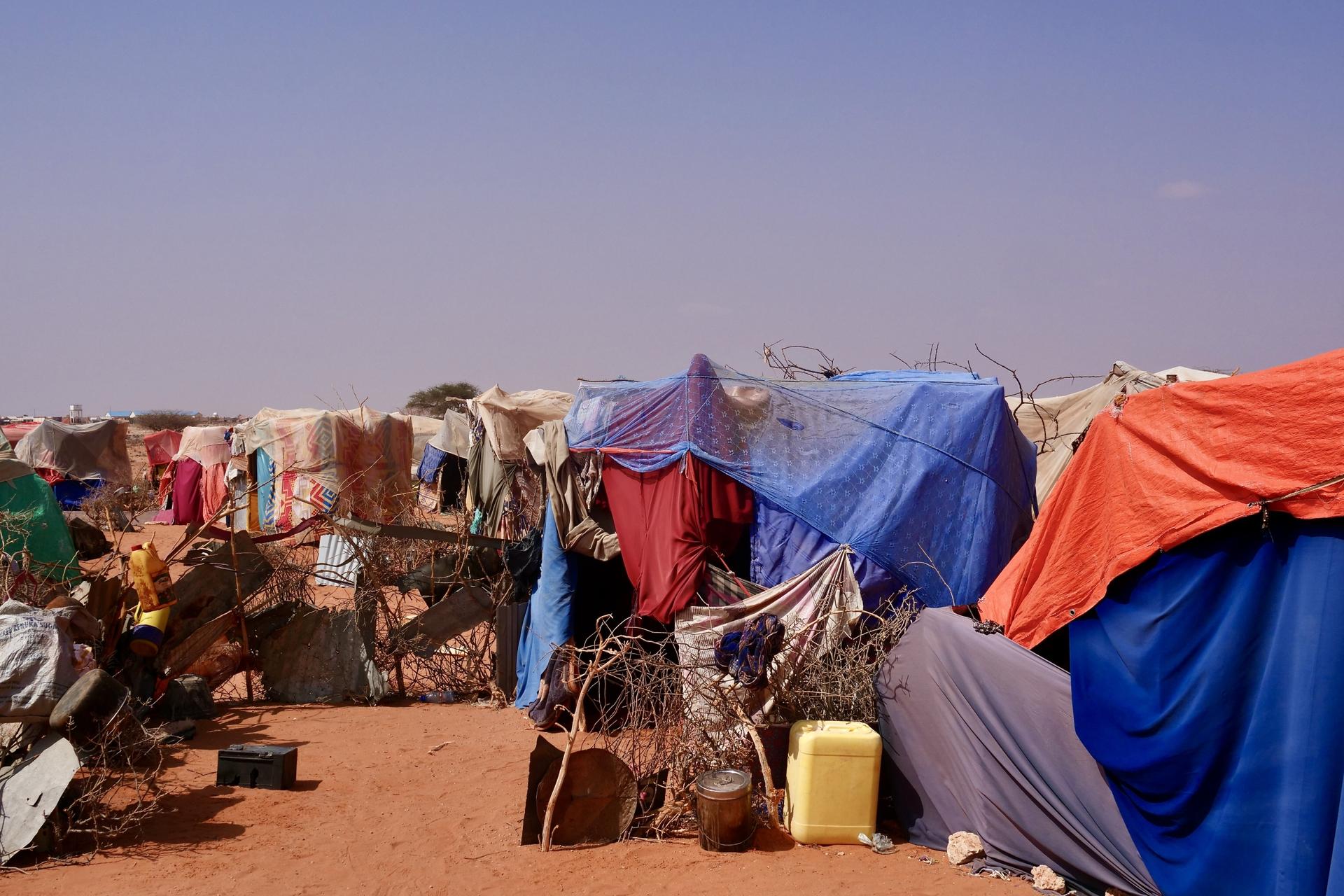 Makeshift homes at an IDP camp in Galkayo, Somalia, where people have come in search of food and water amid the ongoing drought.