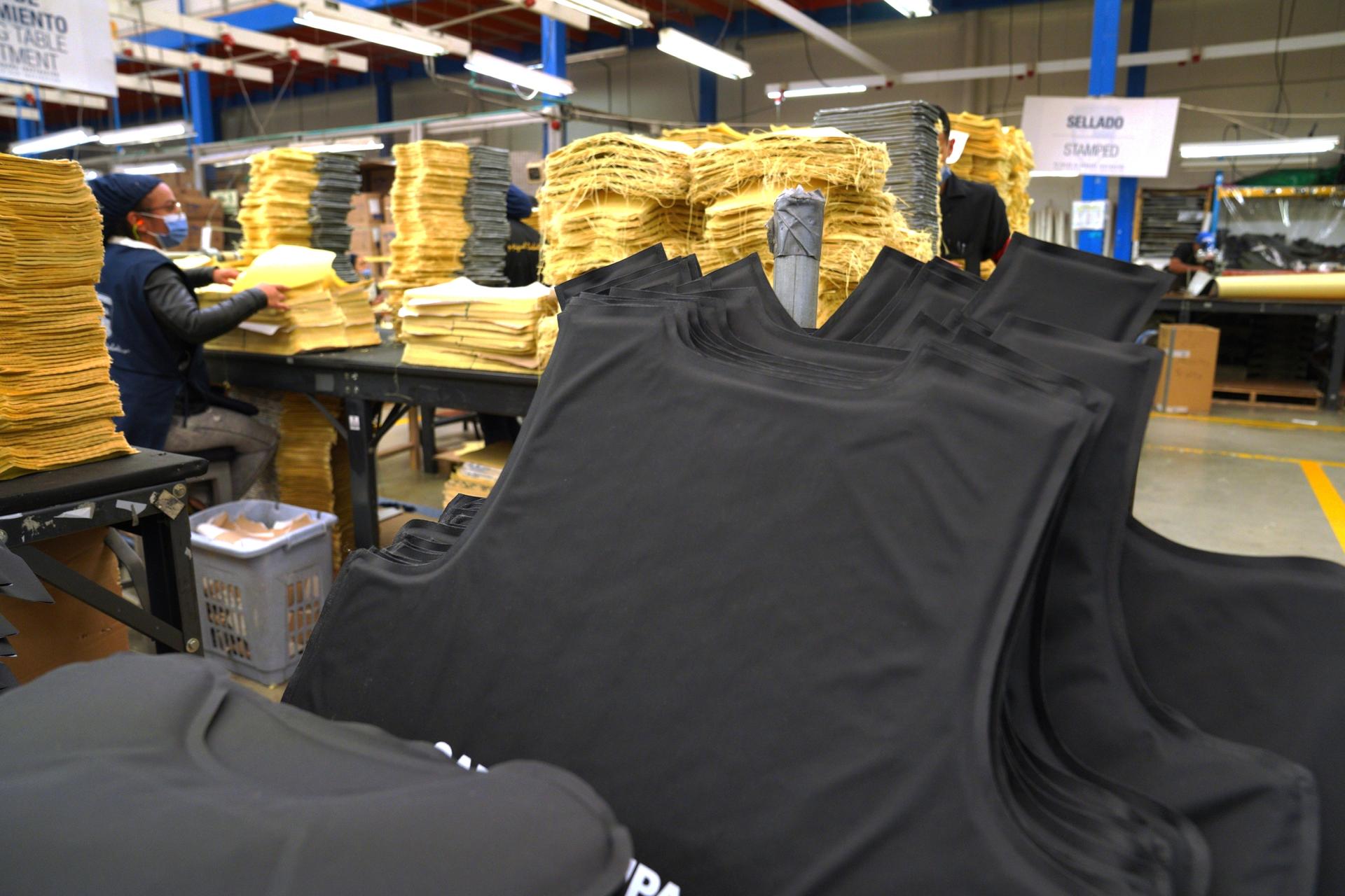 Bulletproof vests being made to be shipped to Ukraine.