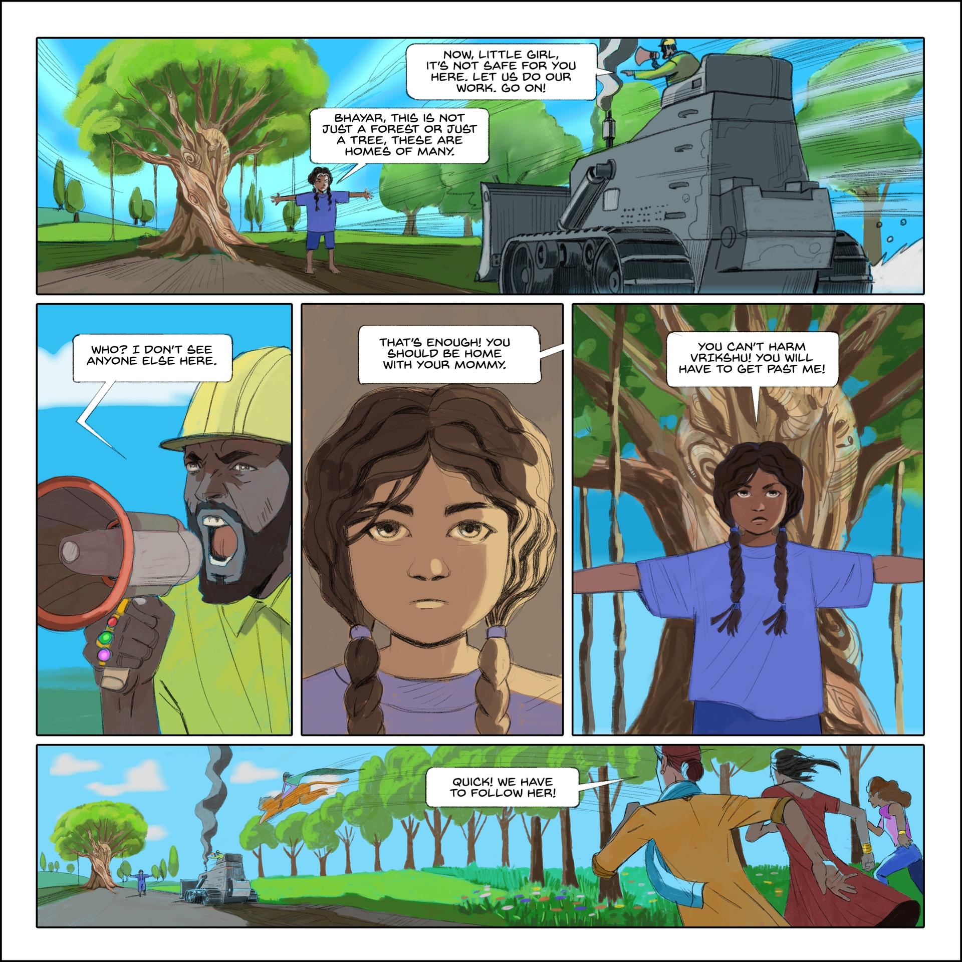 A page from the comic “Priya and the Twirling Wind” when Priya tries to save the trees from being cut down.