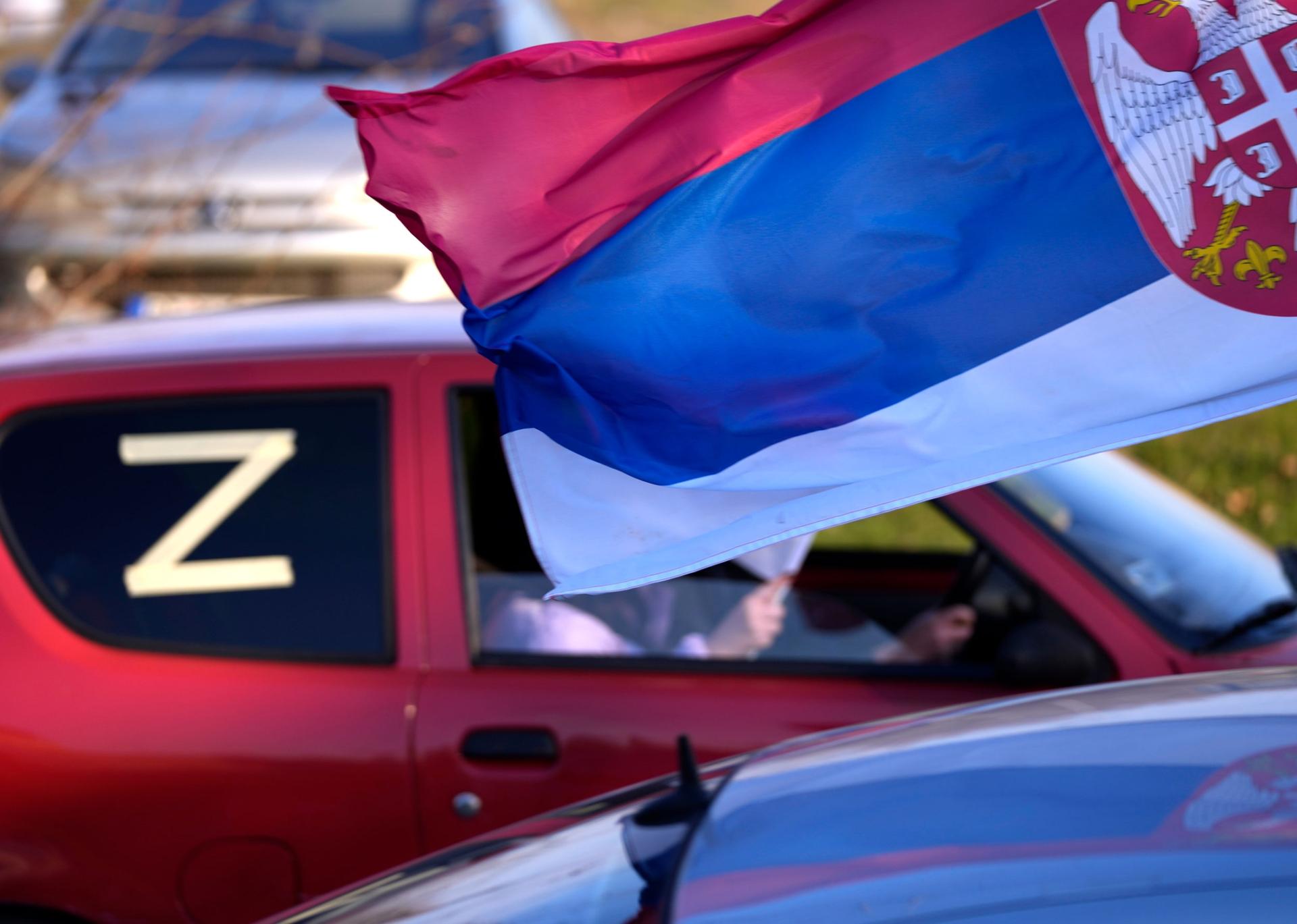 Sticker with a letter Z is seen on a car during a rally in support of Russia in Belgrade, Serbia, Sunday, March 13, 2022. 