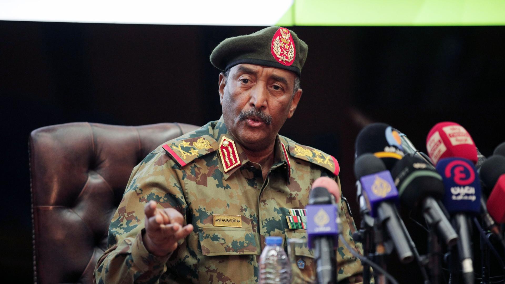 Sudan's head of the military, Gen. Abdel-Fattah Burhan, speaks during a press conference at the General Command of the Armed Forces in Khartoum, Sudan, Tuesday, Oct. 26, 2021. 