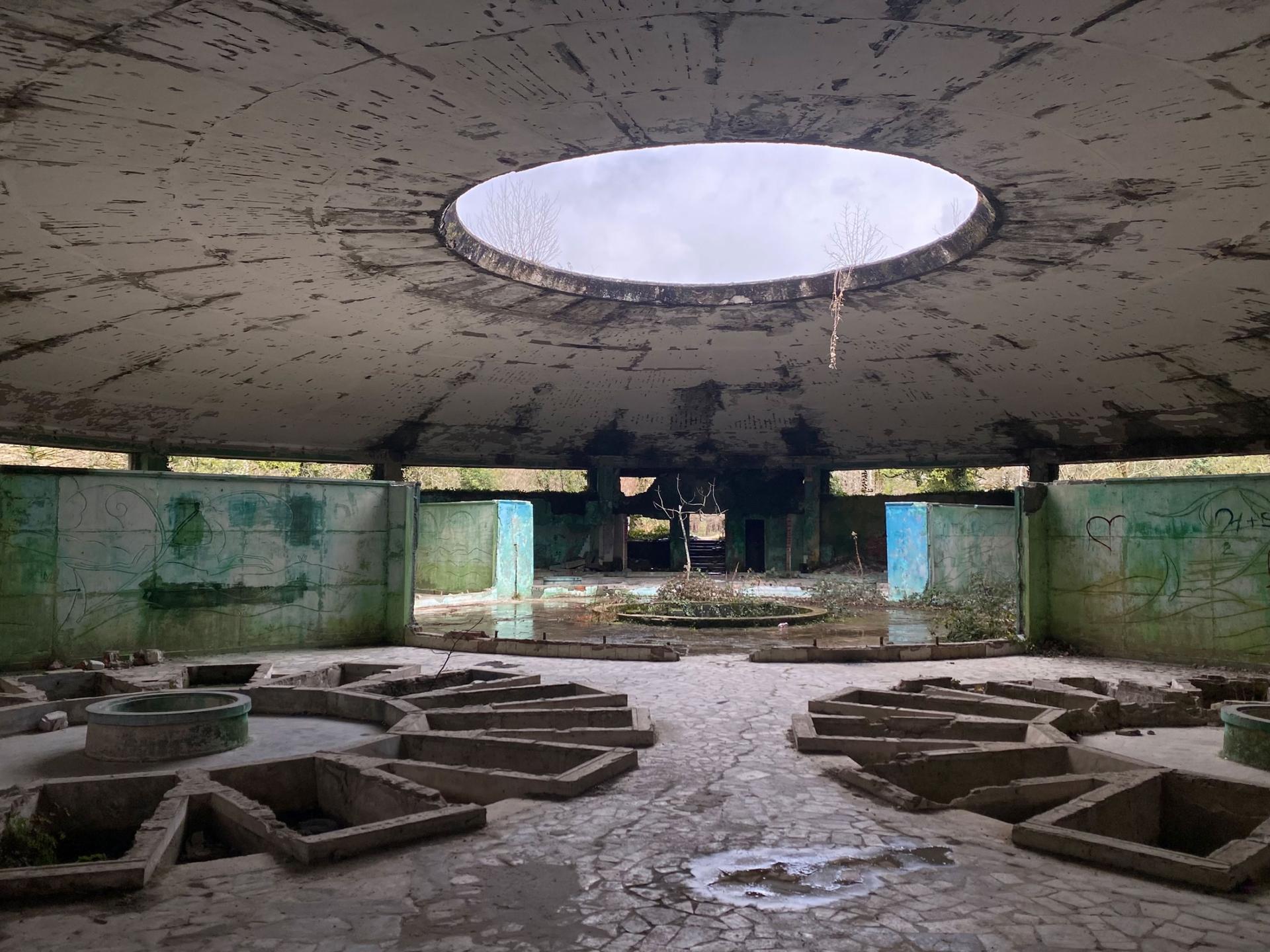 A former bathhouse in the town of Tskaltubo, Georgia. Workers once traveled from throughout the Soviet Union to bathe in the town's mineral waters which have healing properties.