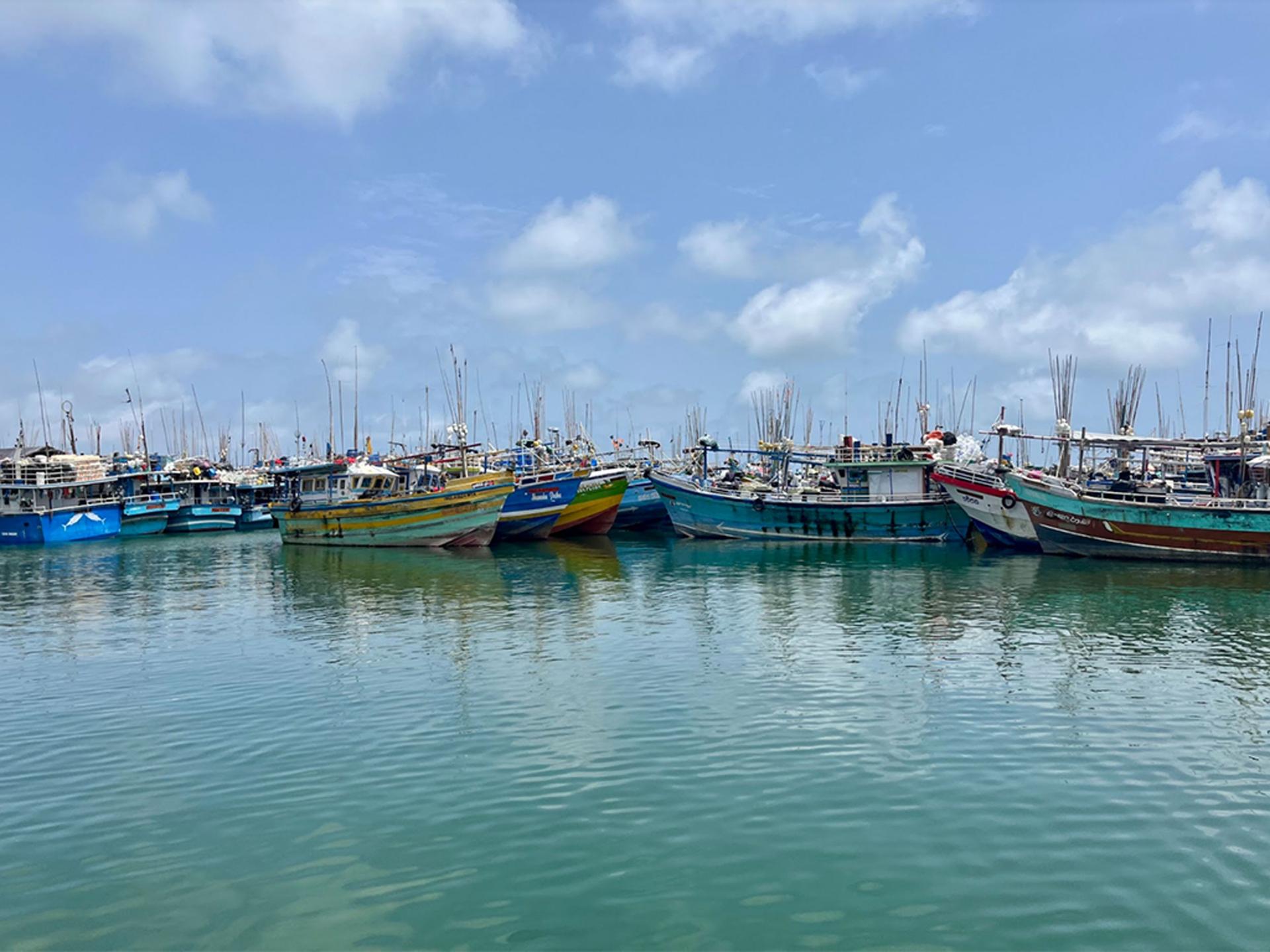 Double the usual number of fishing boats are seen at the Dikkowita Fisheries Harbor, a main harbor in the Colombo area, Sri Lanka.