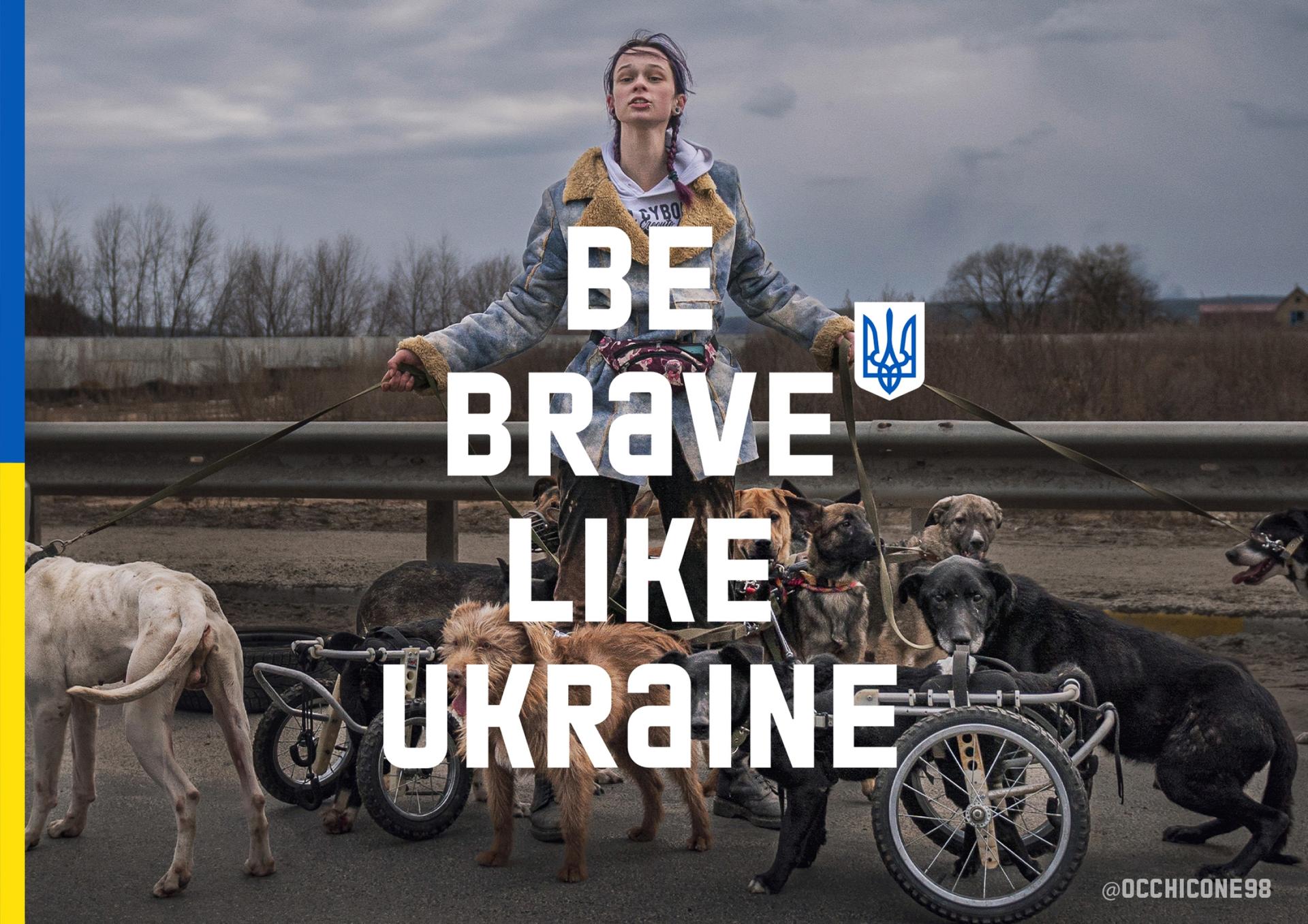 A woman in white is shown holding the leashes of several dogs, with the words 'Be brave like Ukraine' in big text over her