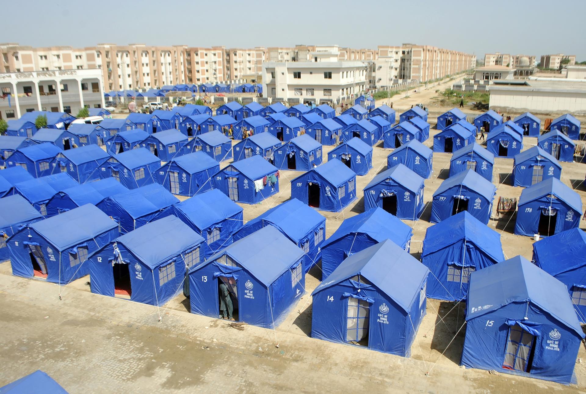 Temporary housing is constructed for flood victims in Hyderabad, Pakistan