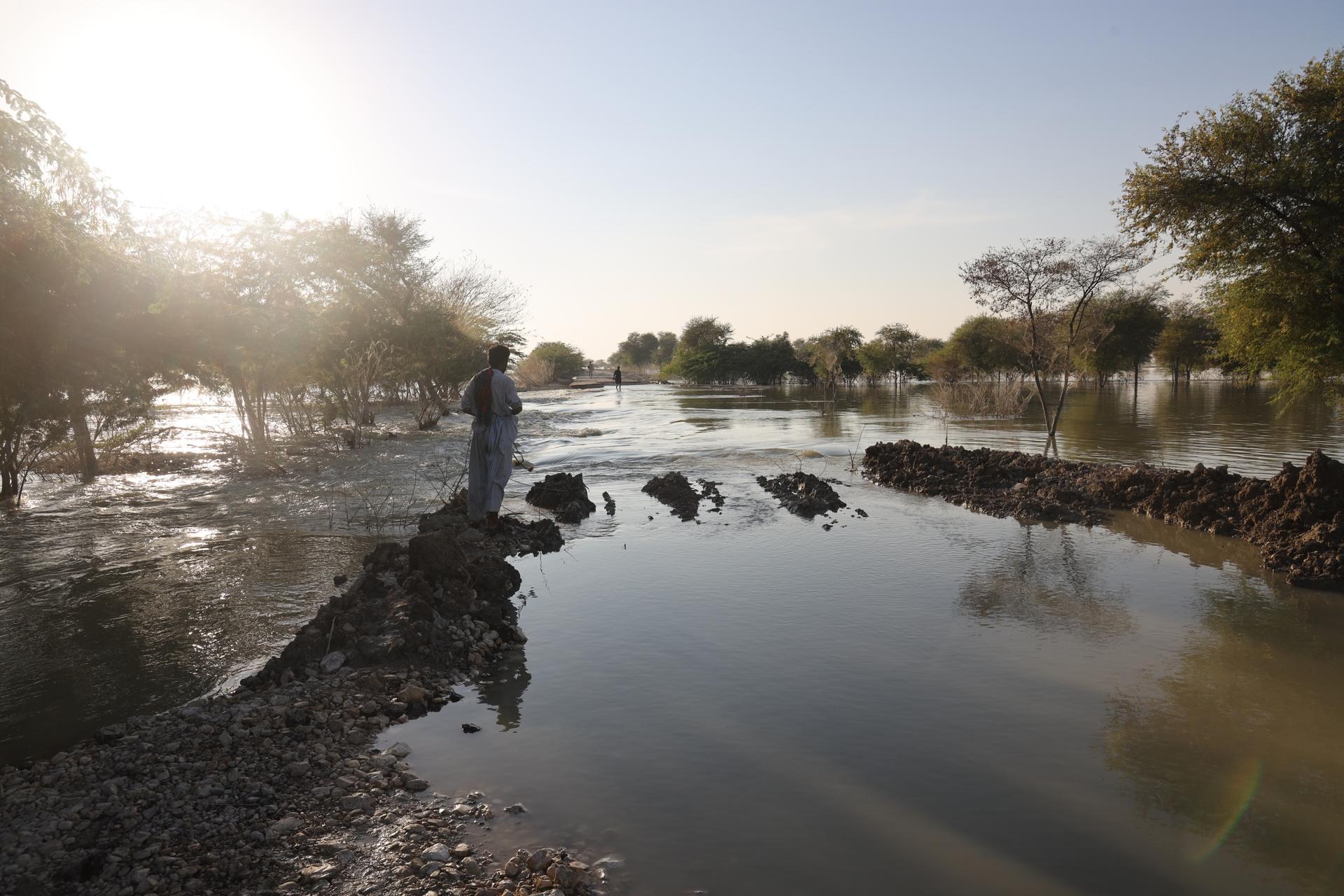 What used to be a road in Pakistan's Sindh province before it was inundated by floodwaters.