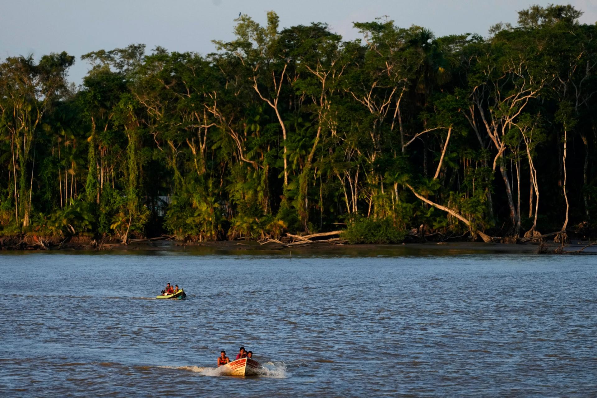 Small boats move in front of an island where trees have fallen in the Bailique archipelago district of Macapá, in the state of Amapa, in northern Brazil, Sept. 12, 2022.