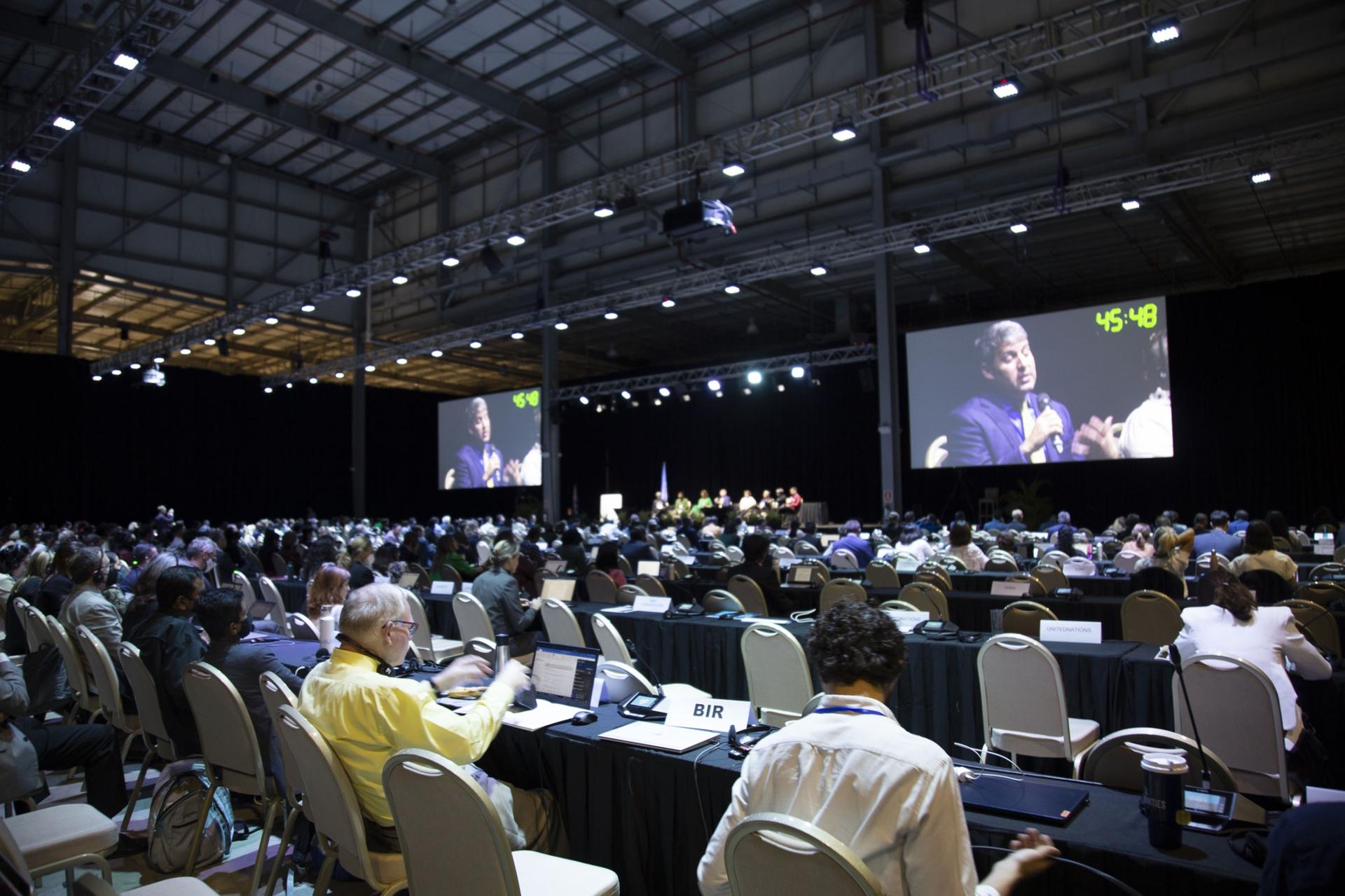A view of the stakeholder dialogue in large room with screens. 