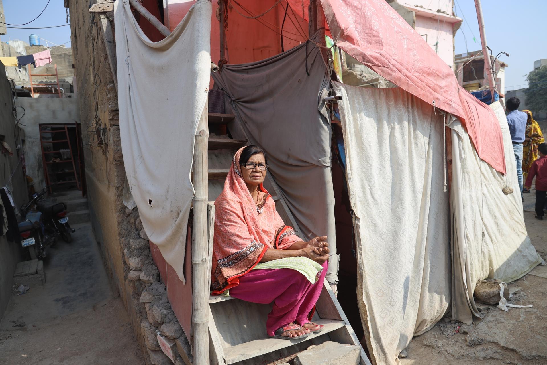 woman in makeshift house