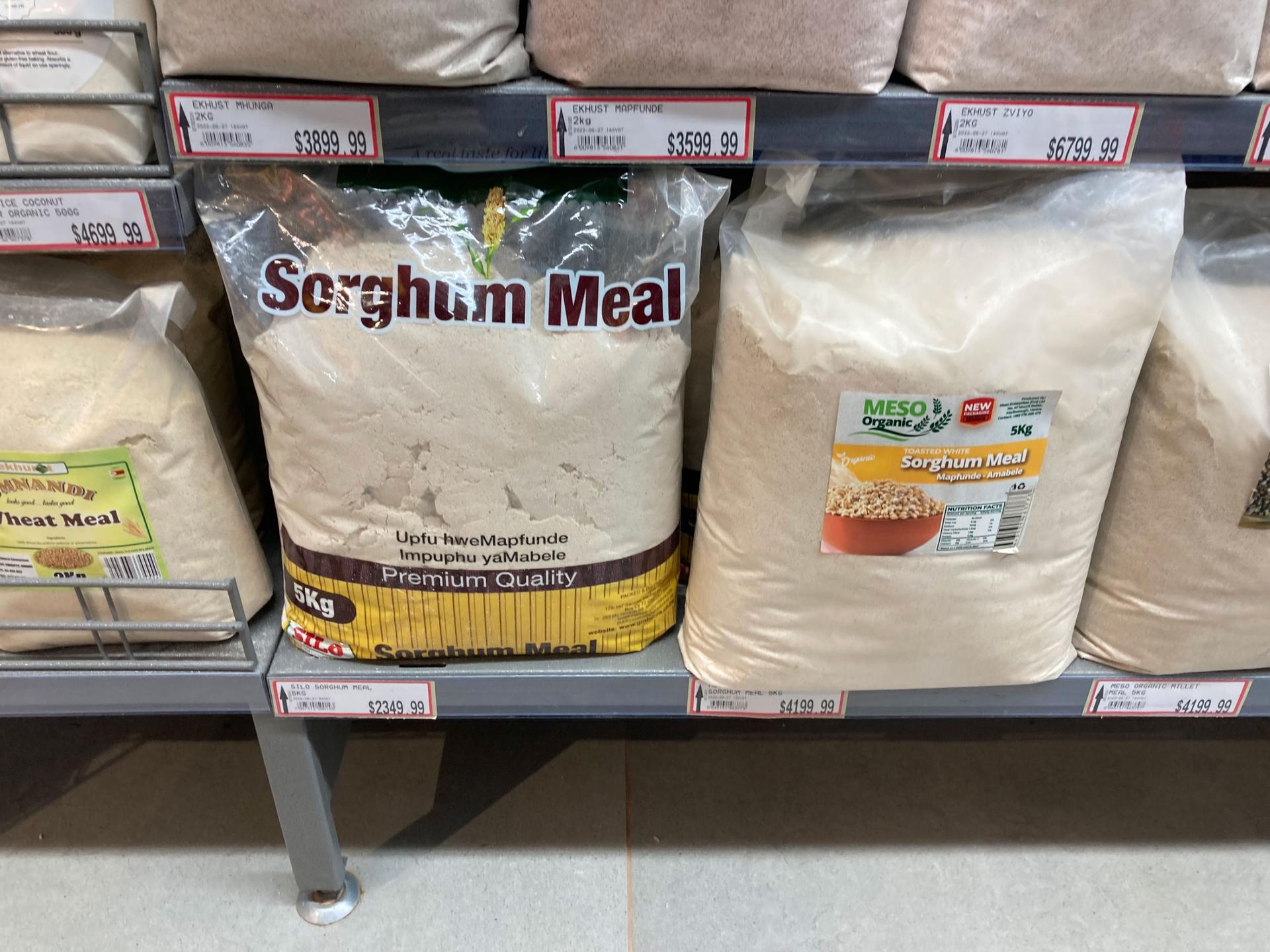 Sorghum meal on a supermarket shelf in Zimbabwe. 