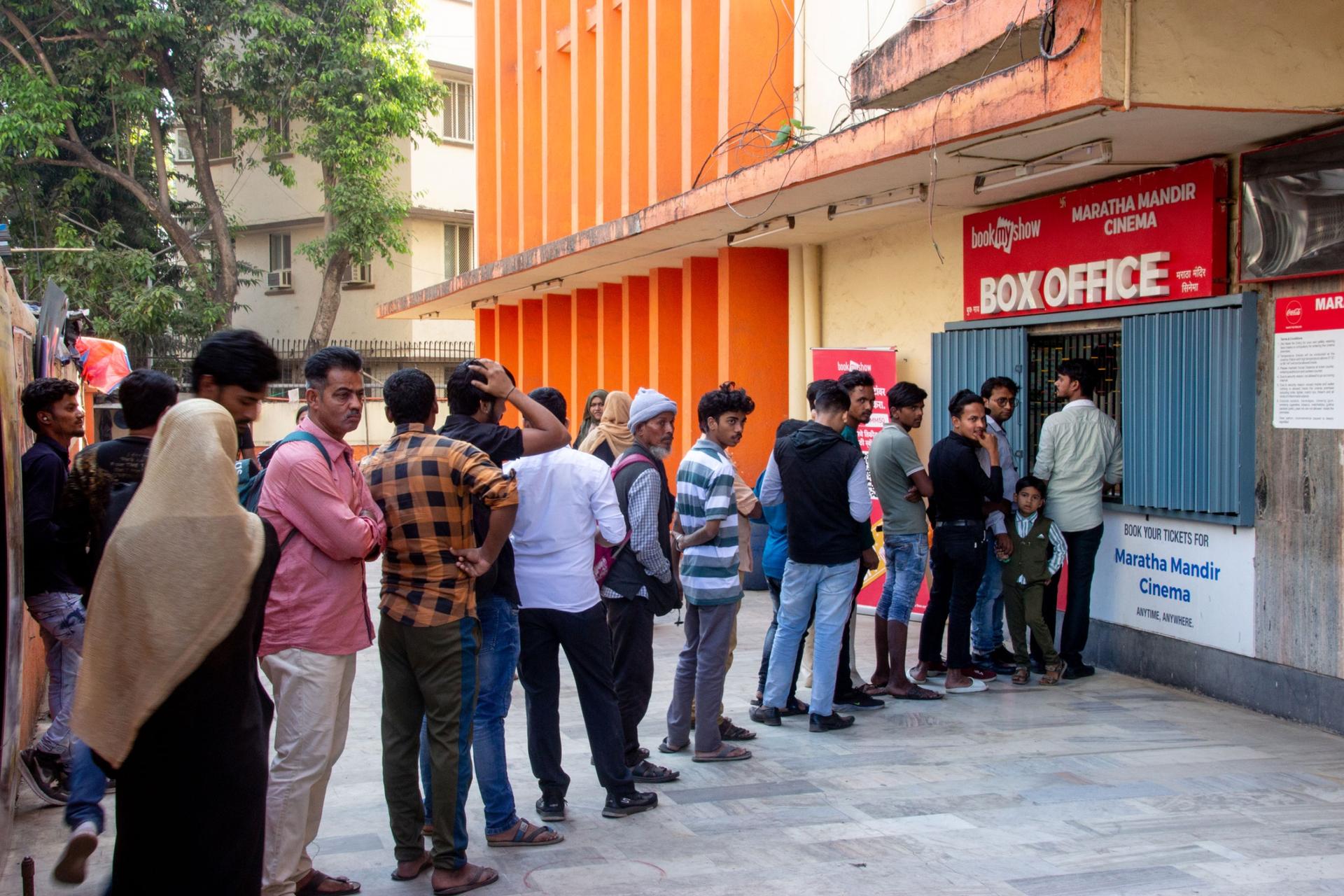 Fans line up to see "DDLJ" at this Mumbai theater. 