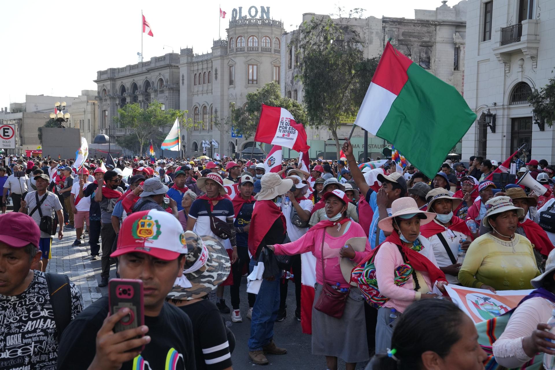 Protesters from Peru's southern highlands march through the streets of Lima calling on President Dina Boluarte to resign.