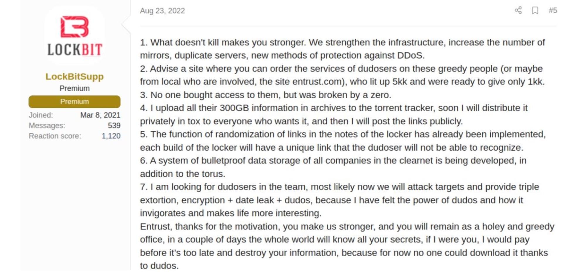 LockBit's response on a Russian dark web forum after a DDoS attack on digital security giant Entrust.