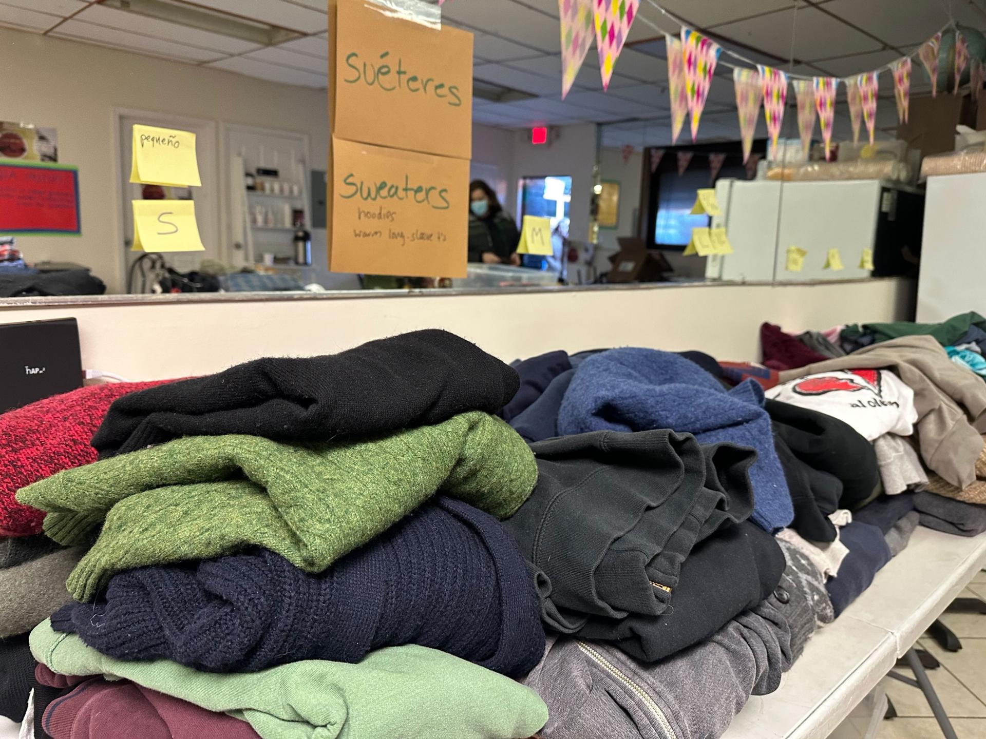 The volunteer organization Red Hook Mutual Aid is providing clothes to the migrants who have been moved to the neighborhood, many of whom don’t have winter clothes.