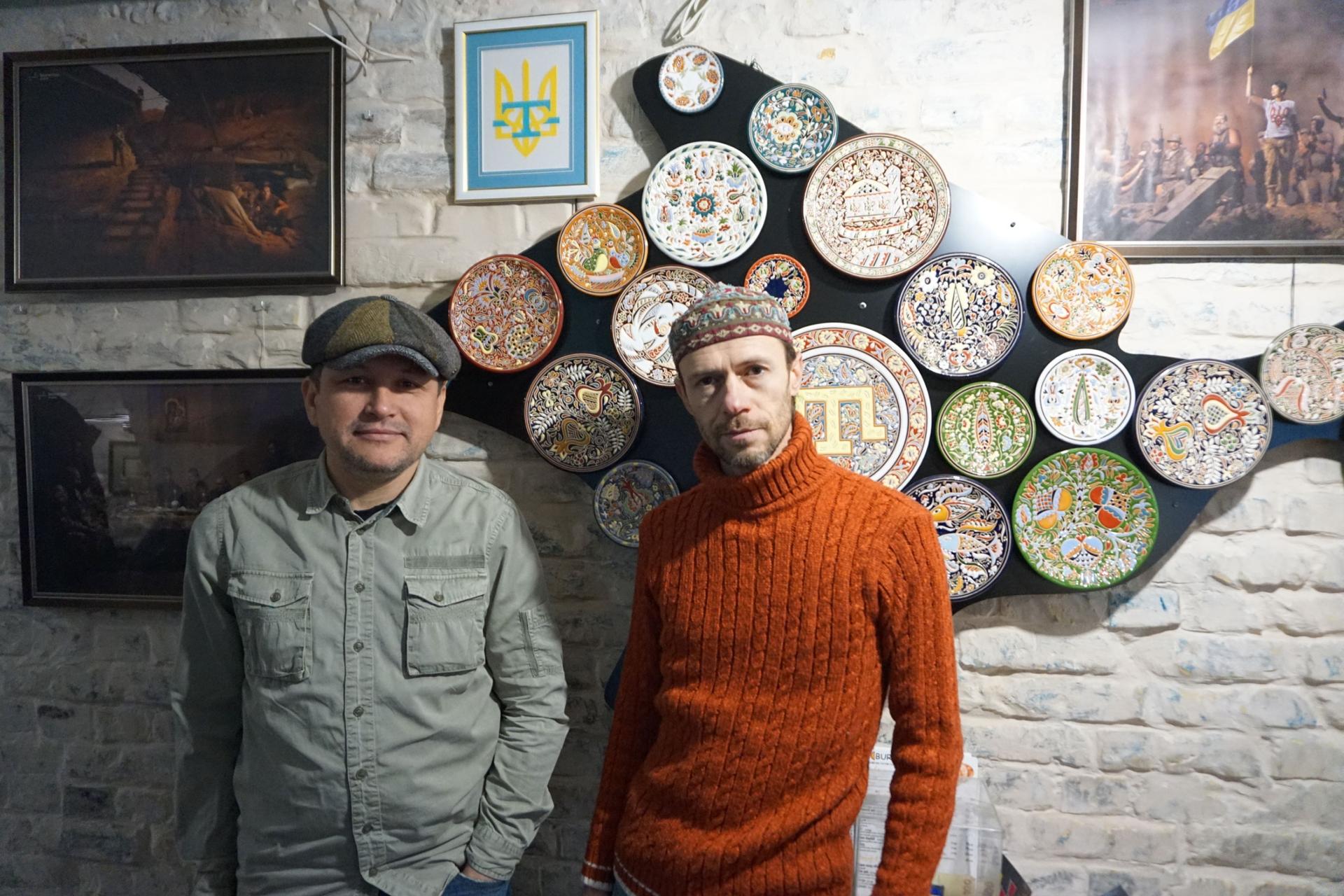 Crimean Tatar artist and activist, Rustem Skibin on the right. Erfan Kudusov, Crimean Tatar activist and restaurant owner on the left. Photo taken at Kudusov's restaurant, in downtown Kyiv.