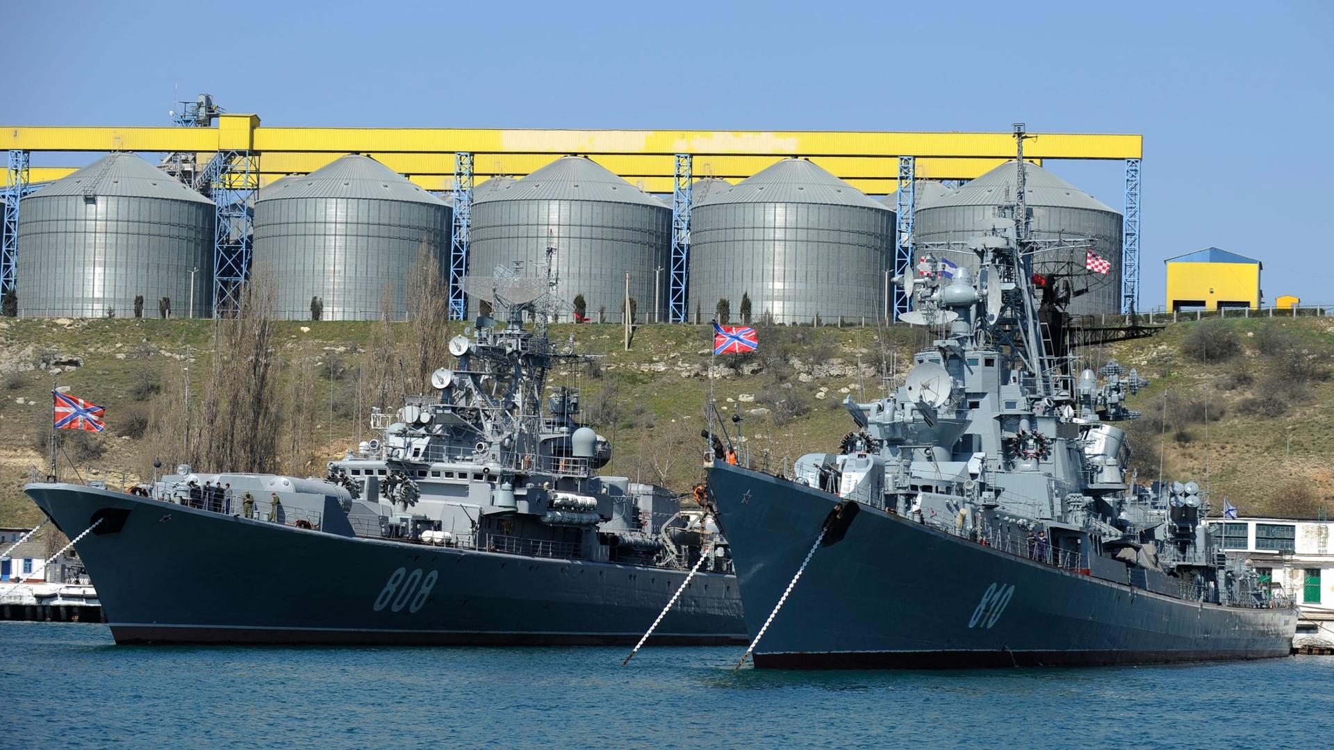 Russian Black Sea fleet ships are anchored in one of the bays of Sevastopol, Crimea, Monday, March 31, 2014. 
