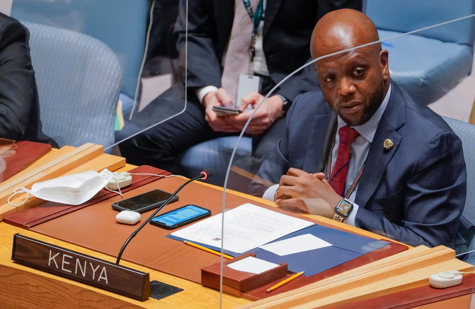 Kenya's Ambassador to the United Nations Martin Kimani addressed a United Nations Security Council meeting on the Russian invasion of Ukraine, on Feb. 25, 2022, at UN headquarters. 