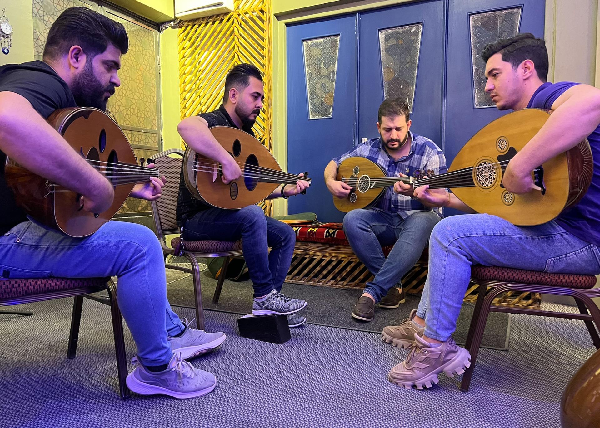 Oud musicians at a practice session in Baghdad, Iraq.