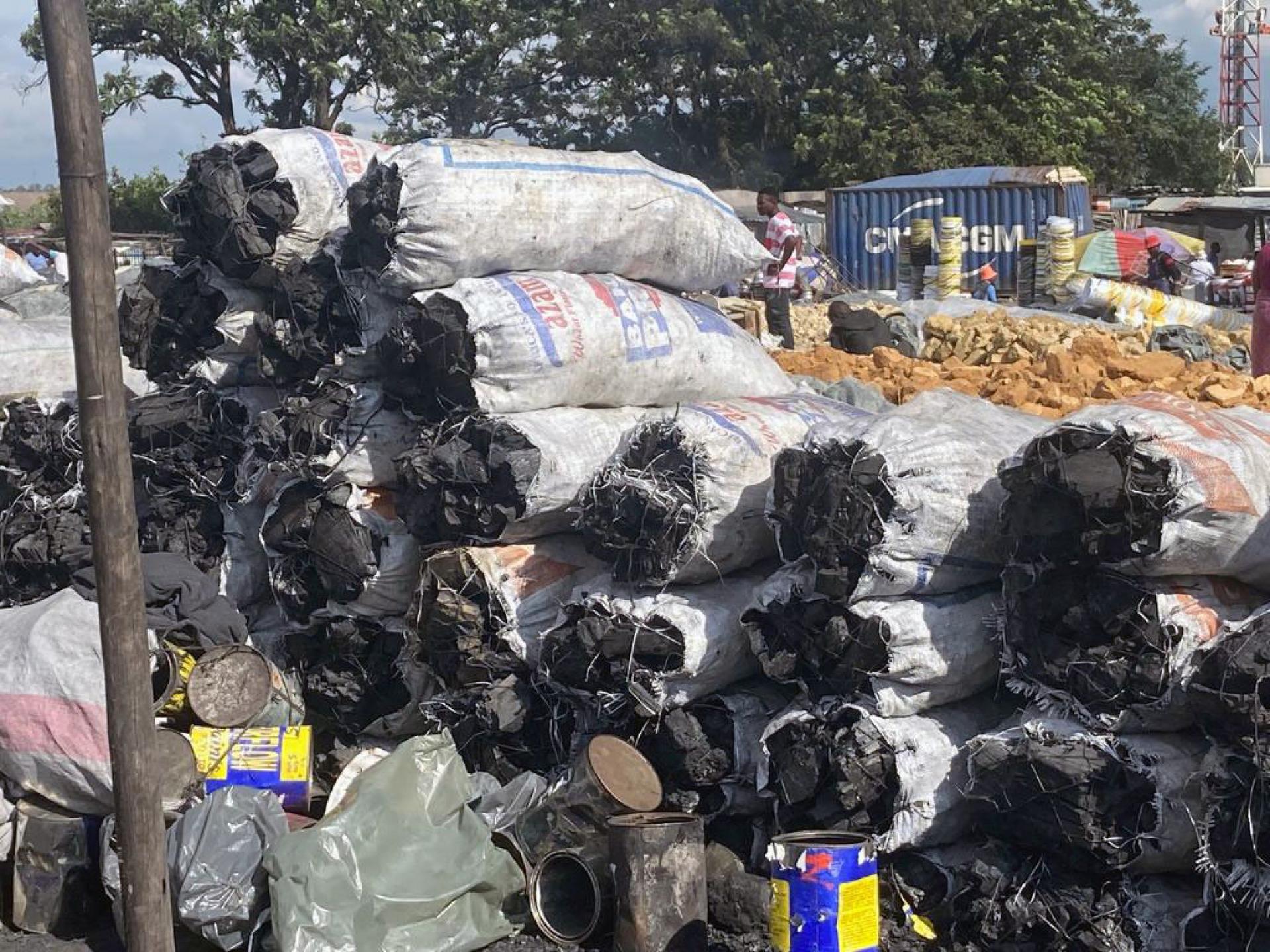 Bags of charcoal at Mbare market in Harare, Zimbabwe. 