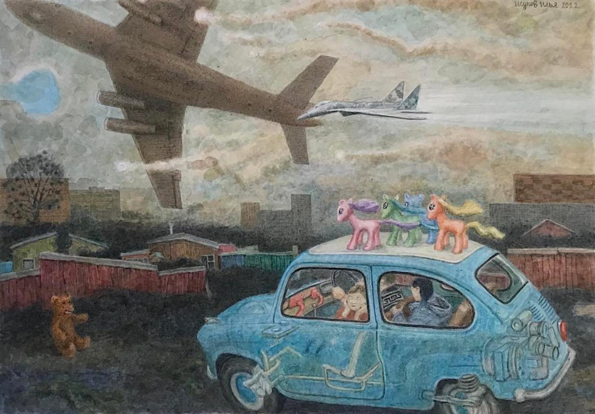A painting by Ilya Isupov, who lives in Kyiv, of him driving his two teenage daughters through a war zone in Ukraine.