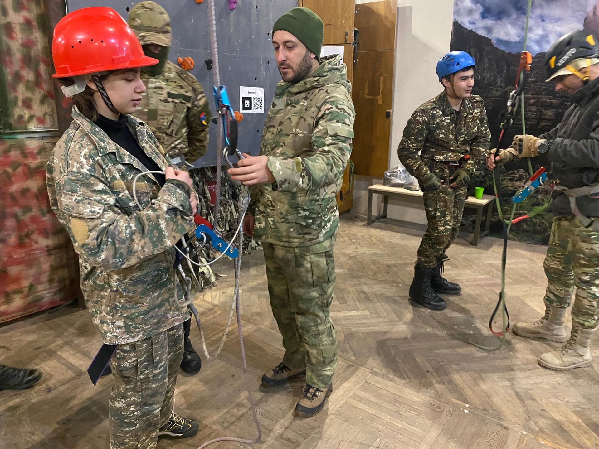 Students learn mountaineering skills at VOMA, an organization in Yerevan, Armenia, that teaches civilians survival and combat skills to prepare them to defend the country from a potential invasion from neighboring Azerbaijan.