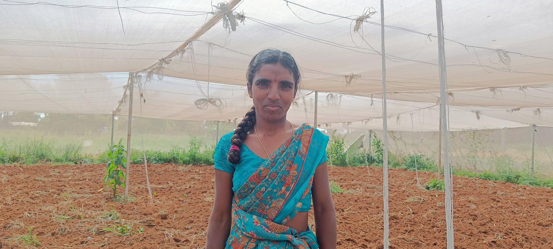 Farmer Renuka stands inside a Kheyti greenhouse where she planted cucumbers, which wouldn't have been possible to cultivate in the open because of the hot weather conditions in her state.