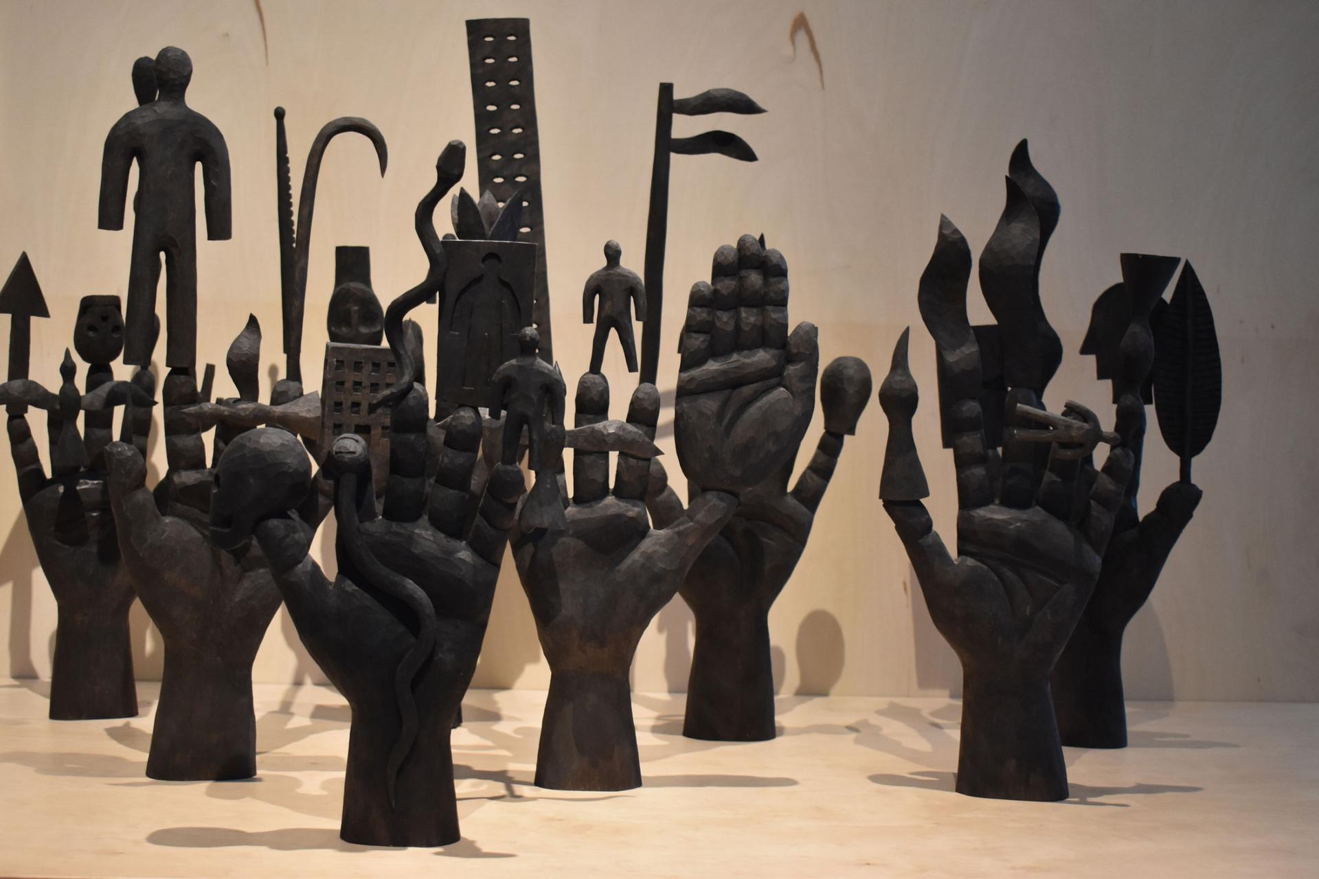 "Sign Language," sculptural work by Konstantin Zorkin, seen at "The Muses are not Silent" exhibition at Ukraine House in Denmark, Copenhagen, May 17, 2023. 
