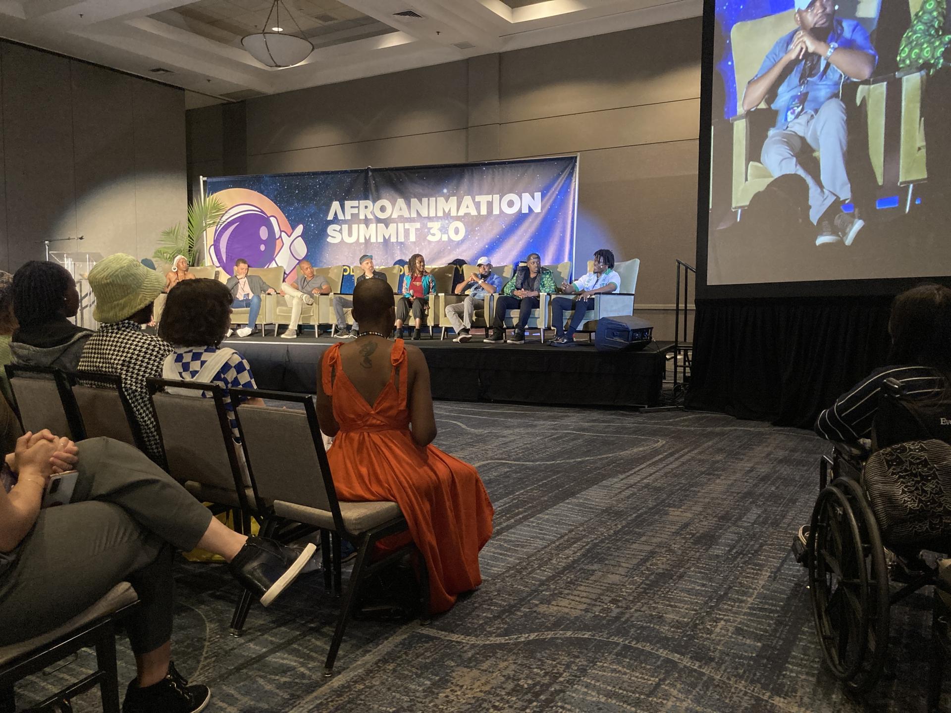 "Kizazi Moto: Generation Fire" Executive Producer Tendayi Nyeke (third from right) moderates a Disney+ panel presentation at the AfroAnimation Summit 3.0 held in Burbank, CA, May 2023.