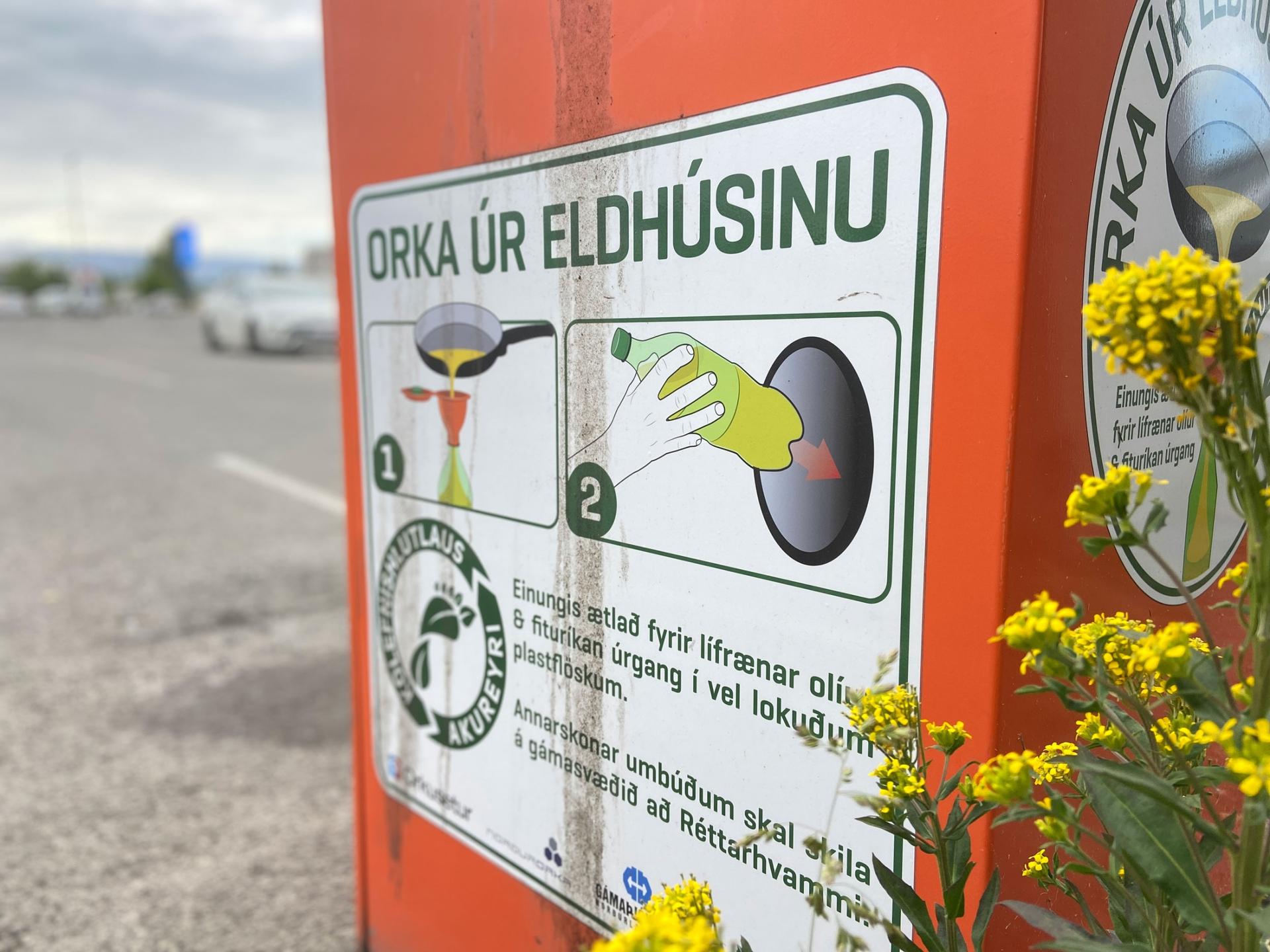 One of several cooking-oil recycling bins around Akureyri. The idea is to make it so easy to recycle that no one has an excuse to not do it.