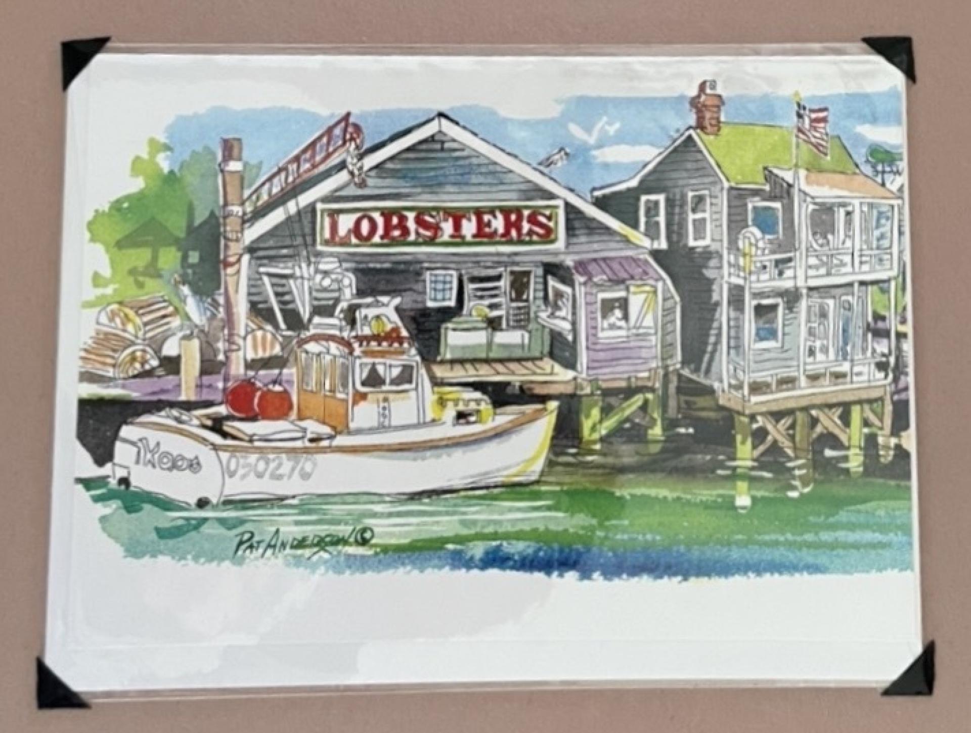 A drawing of Pennel Ames’s boat moored next to a restaurant in Nantucket, Massachusetts.