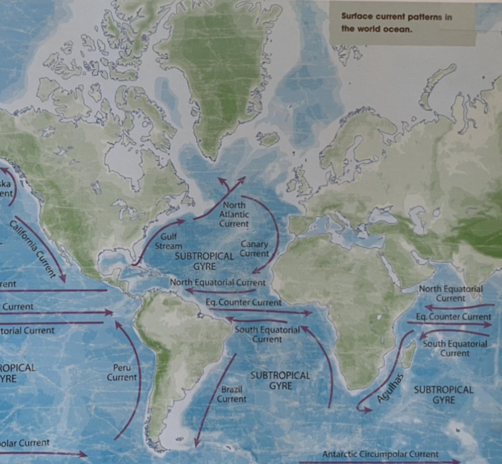 A photo of a book showing ocean current patterns, taken Jul. 30, 2023.