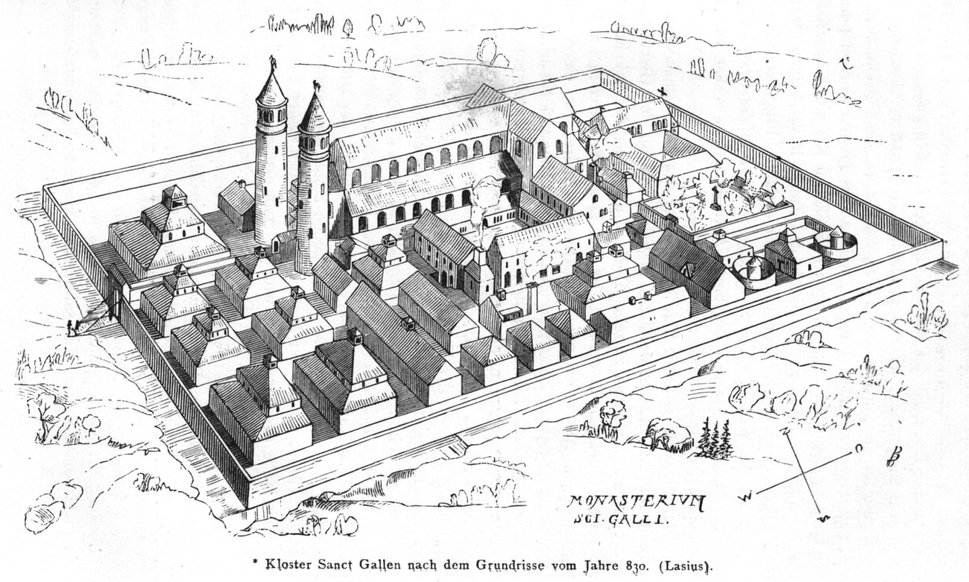 A sketch of a Benedictine cloister being replicated at Campus Galli.