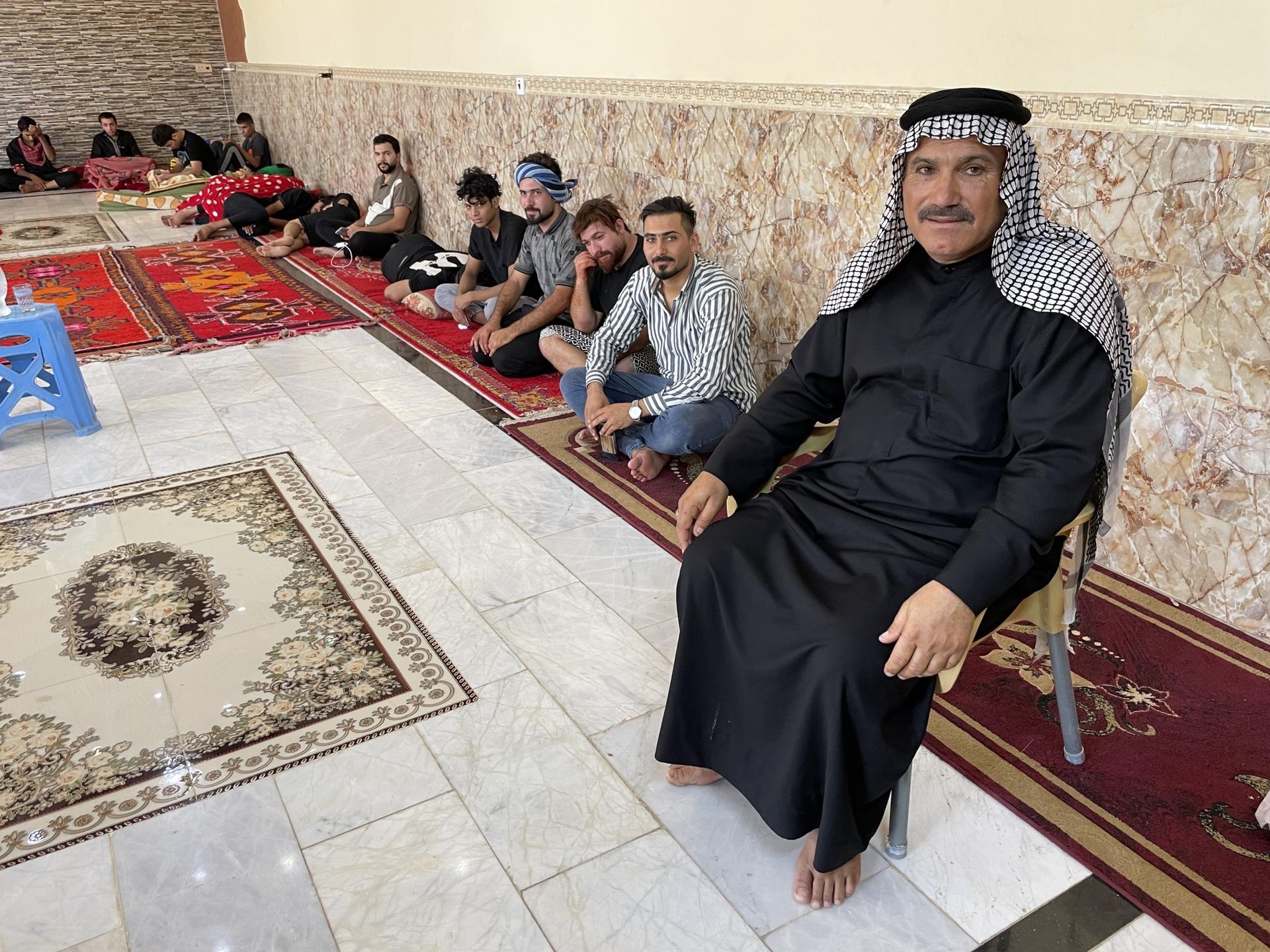 Local Iraqi tribe leader Shaykh Hassan al-Mas’udi opens his home to people on the Arbaeen walk to rest, shower and have home-cooked meals, September 2023.