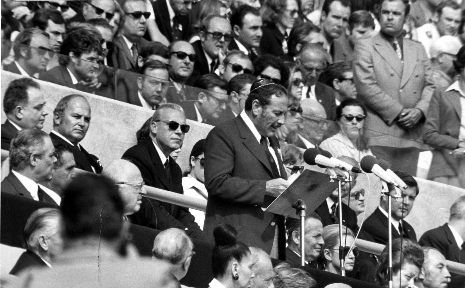 Israel's Olympic team chief Shmuel Lalkin delivers his speech during a memorial service in the Olympic stadium in Munich, West Germany, Sept. 6, 1972.